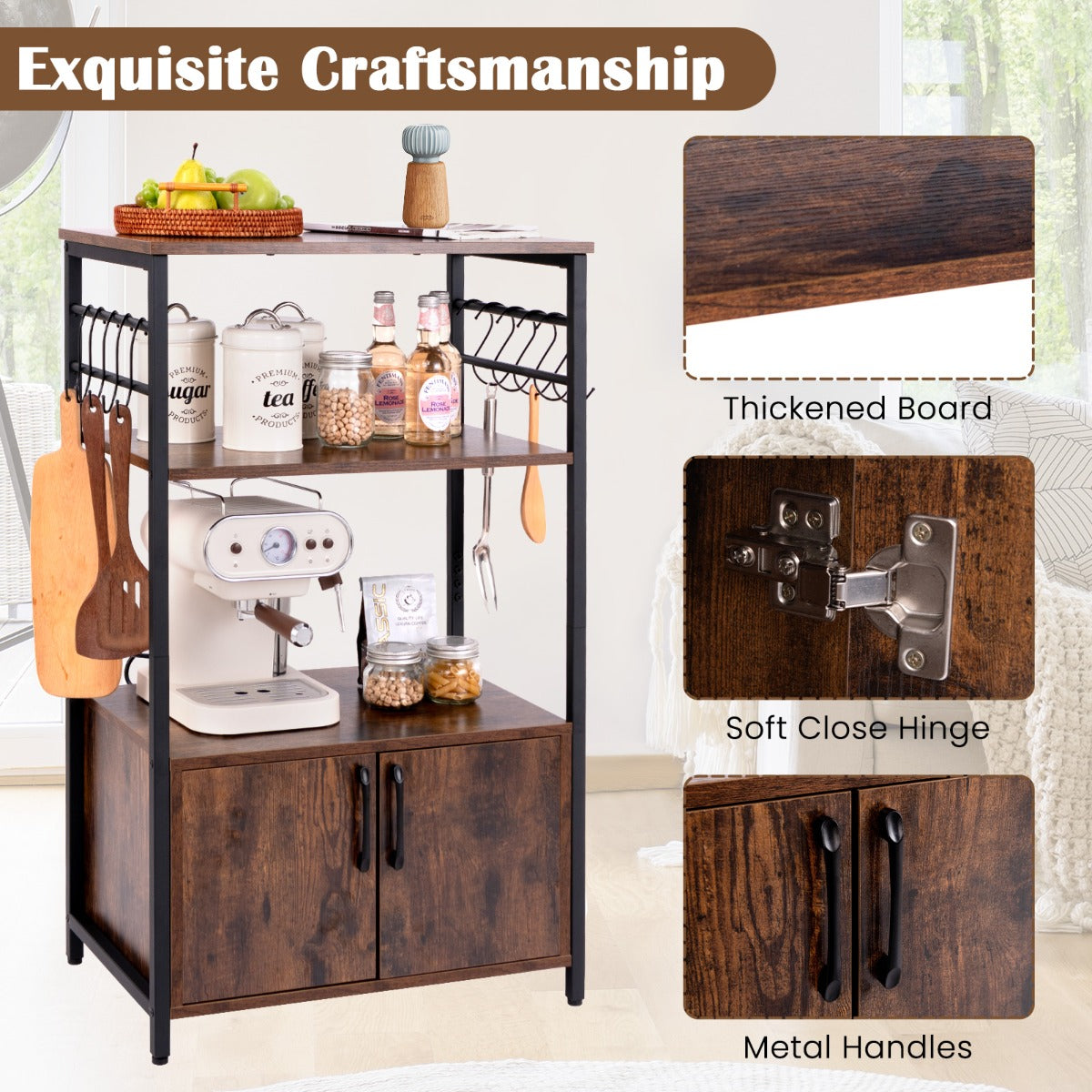 LIVSK Keukenblok met Open Schappen - 2 Ruime Planken - Grote Kast - 10 'S'-haken - Stevig Gelamineerd Hout - Bruin