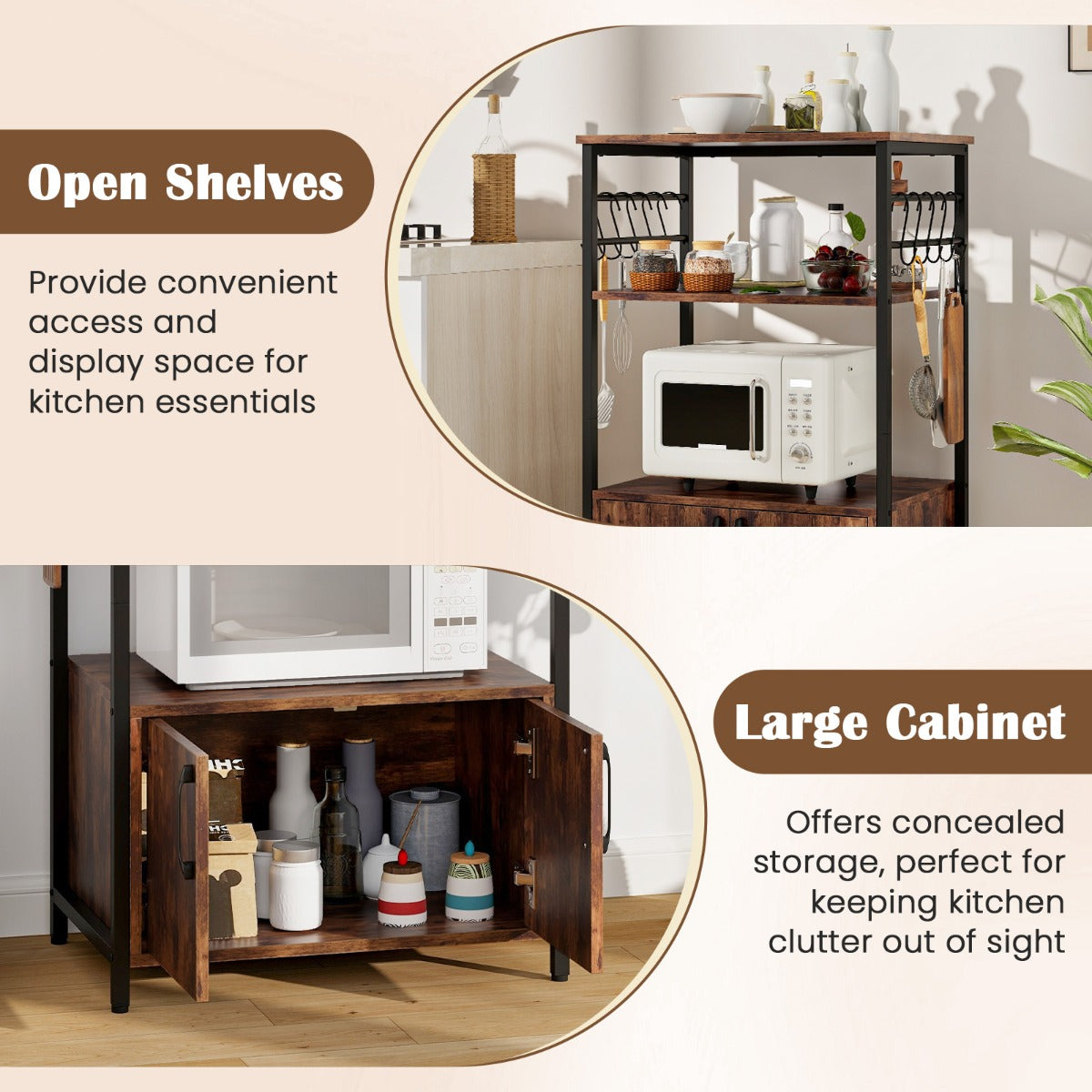 LIVSK Keukenblok met Open Schappen - 2 Ruime Planken - Grote Kast - 10 'S'-haken - Stevig Gelamineerd Hout - Bruin