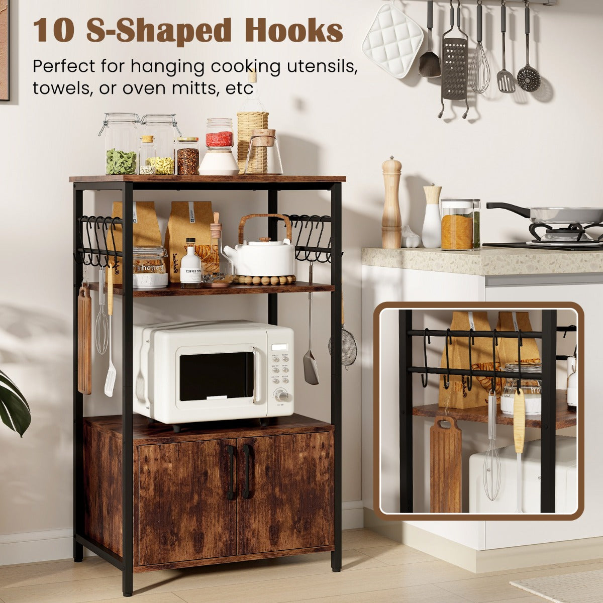 LIVSK Keukenblok met Open Schappen - 2 Ruime Planken - Grote Kast - 10 'S'-haken - Stevig Gelamineerd Hout - Bruin