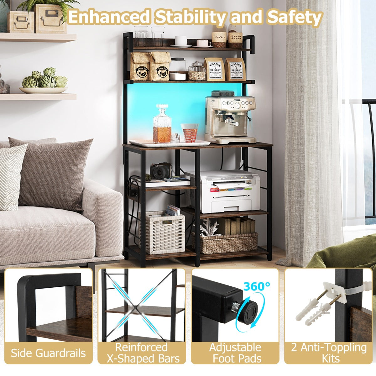 LIVSK Keukenkastje met Oplaadstation - 5-laags met RGB-LED-verlichting - Royale Opbergruimte - Rustiek bruin