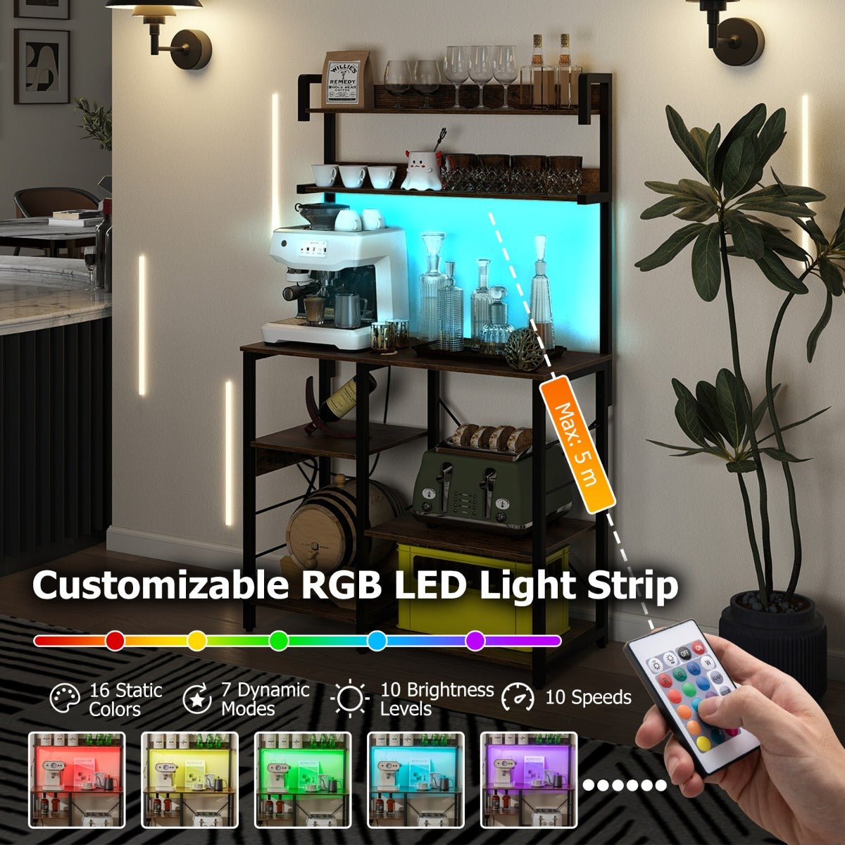 LIVSK Keukenkastje met Oplaadstation - 5-laags met RGB-LED-verlichting - Royale Opbergruimte - Rustiek bruin