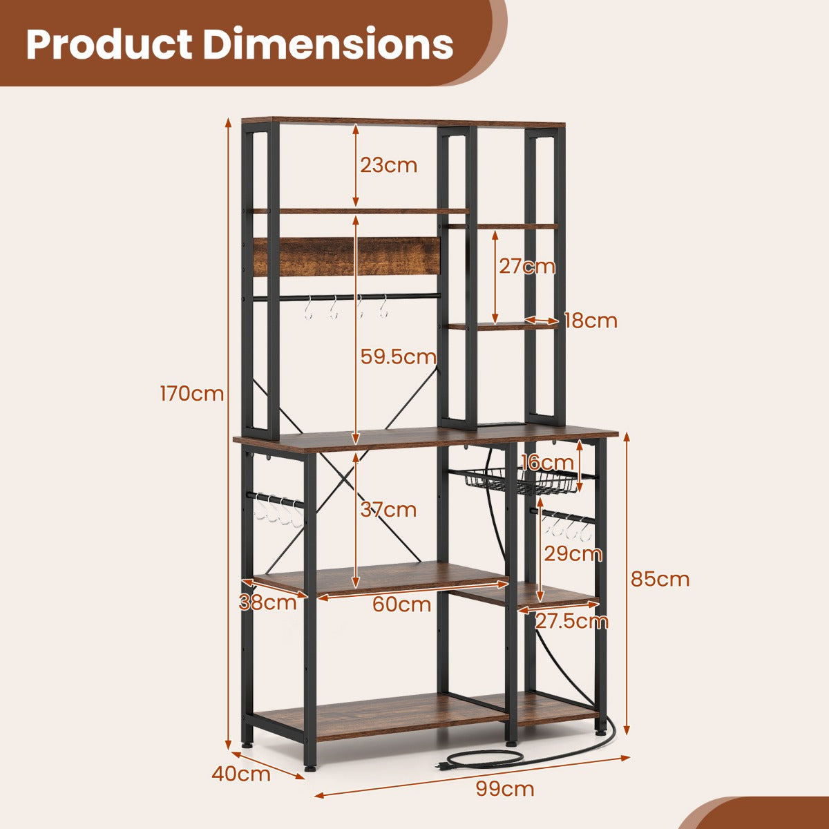 Livsk costway keukenrek met stopcontact 9 laags verstelbare opbergkast 2