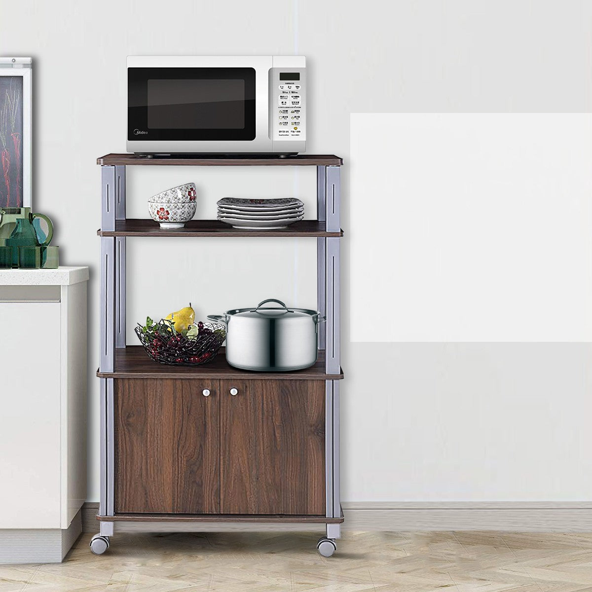 LIVSK Keukentrolley - Opbergruimte met 2 Deuren en 3 Open Planken - Hoogwaardig MDF - Eenvoudige Montage - 60 x 40 x 98 cm - Bruin