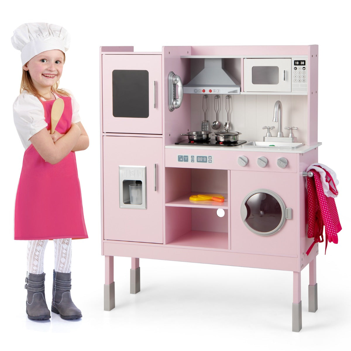 LIVSK Duurzame Kinderkeukenset - Verstelbare Hoogte - Realistische Geluiden en Lichten - 16 Accessoires - Roze