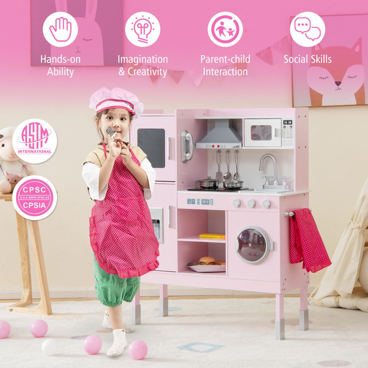 LIVSK Duurzame Kinderkeukenset - Verstelbare Hoogte - Realistische Geluiden en Lichten - 16 Accessoires - Roze