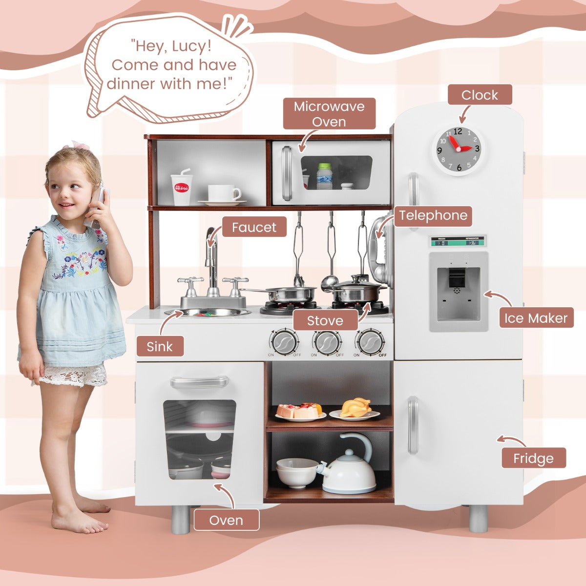 LIVSK Kinderkeuken Speelset - Magnetron, Oven, Ijsmaker - Realistische Geluidseffecten - Veilig Ontwerp - 73 x 29 x 81 cm - Wit