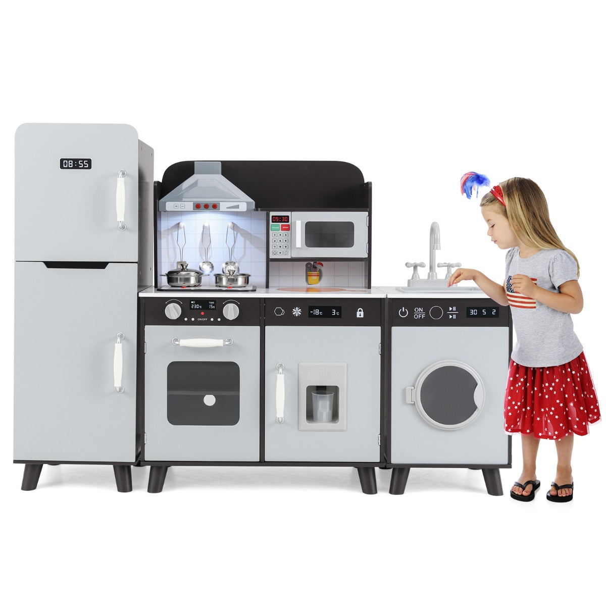LIVSK Speelkeuken voor Kinderen - Multifunctioneel met Koelkast, Oven en Wasmachine - Realistische Speelervaring - Grijs/Bruin