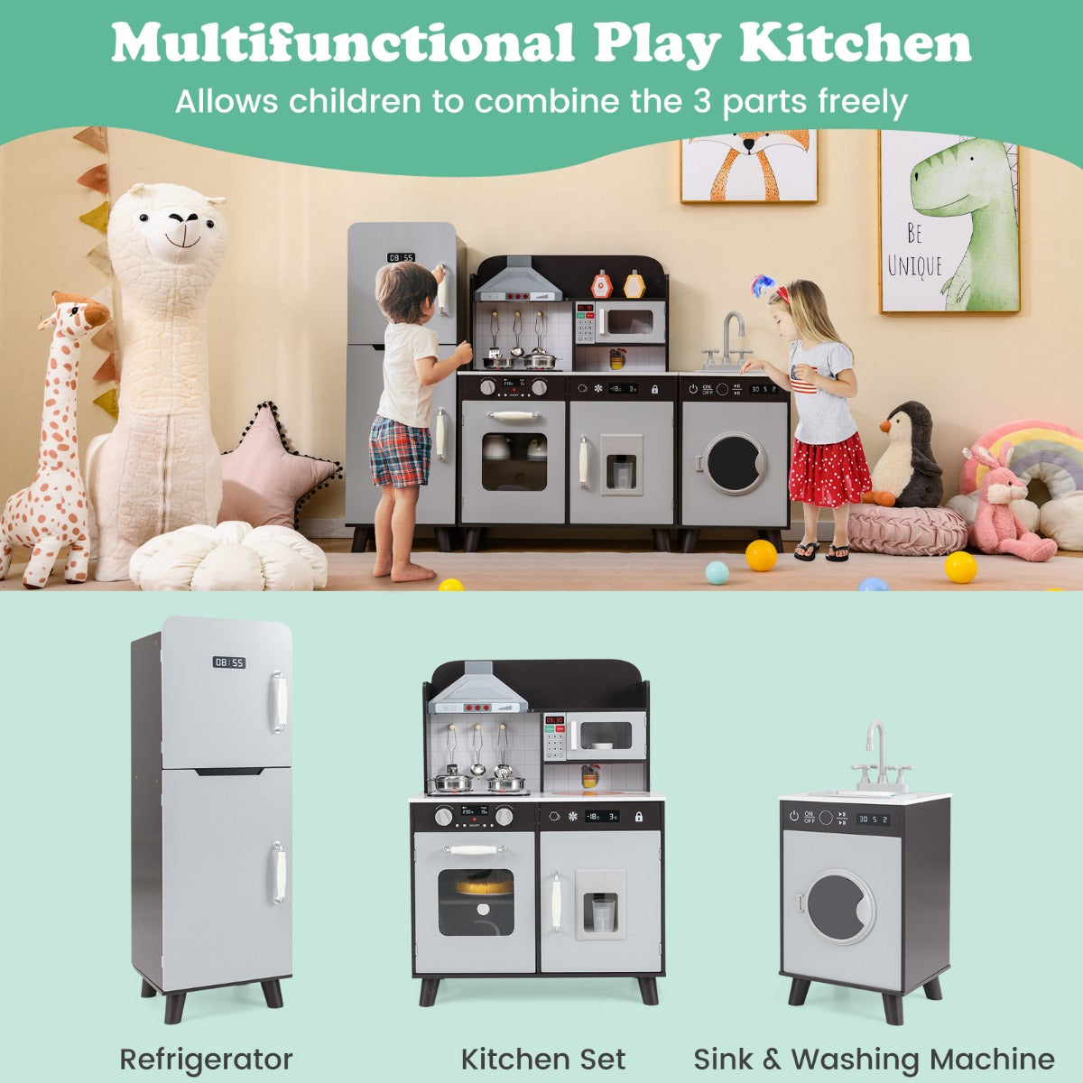 LIVSK Speelkeuken voor Kinderen - Multifunctioneel met Koelkast, Oven en Wasmachine - Realistische Speelervaring - Grijs/Bruin