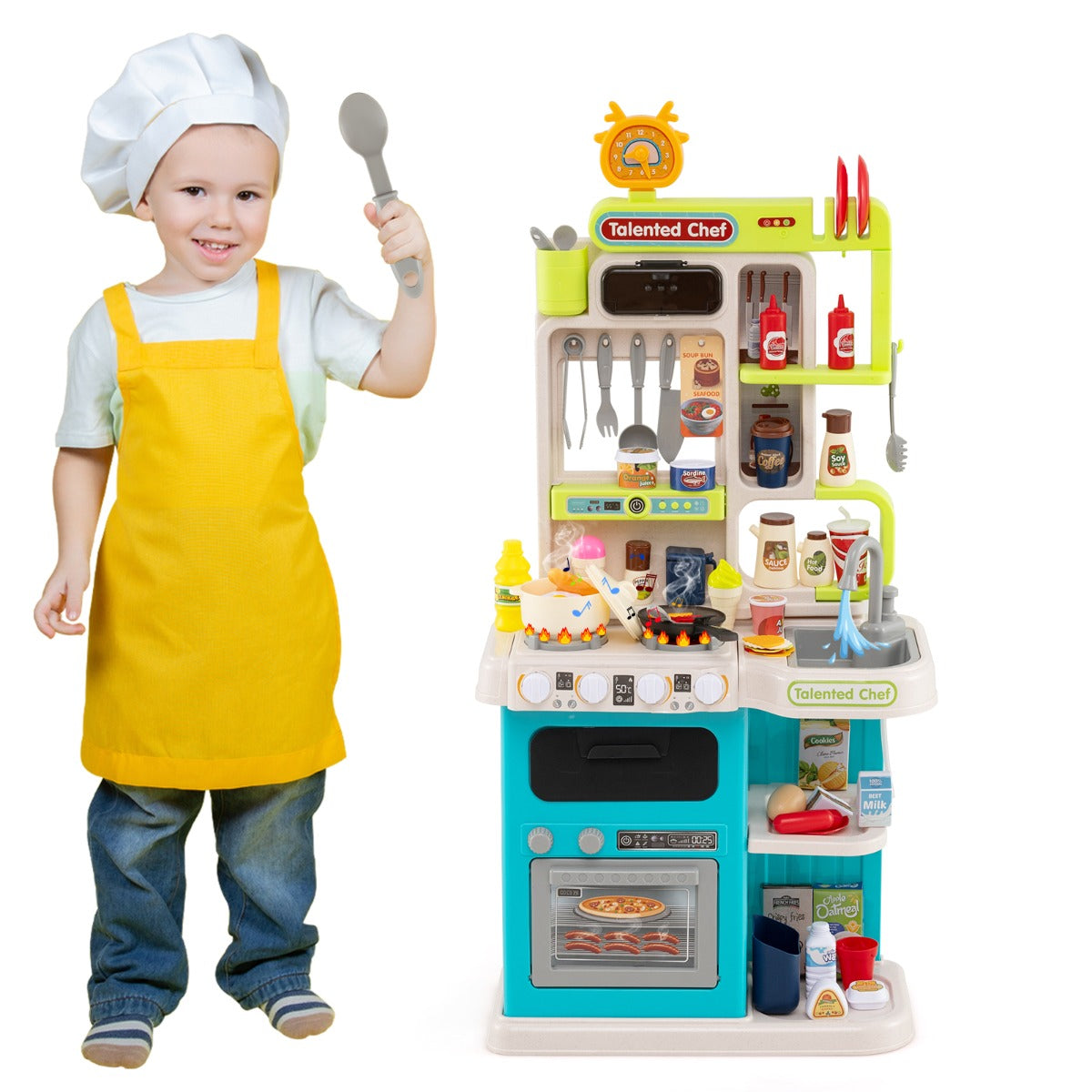 LIVSK Kinderspeelkeuken met Realistische Geluiden en Lichtjes - Magnetron, Koelkast, Oven - Inclusief Accessoires - Blauw