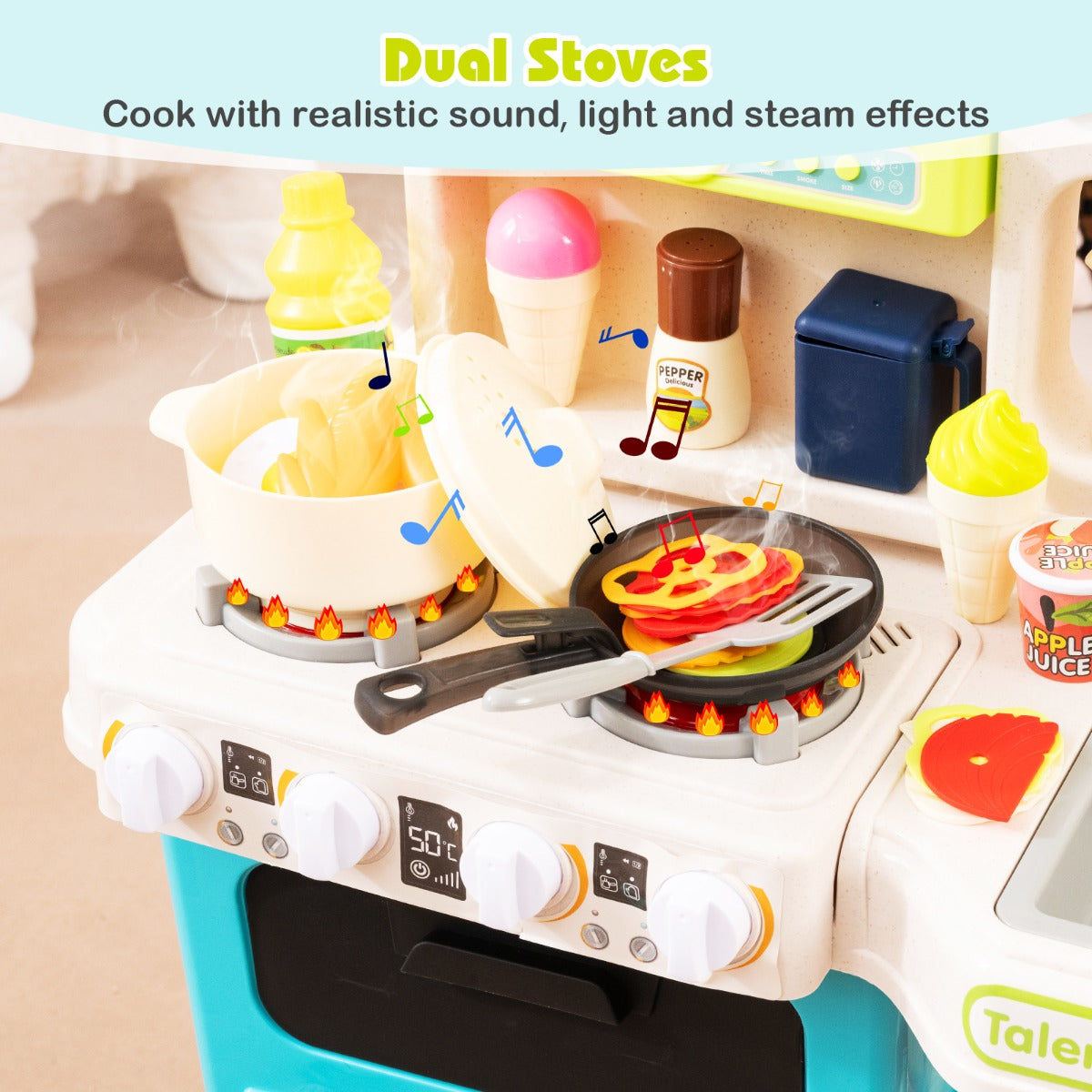 LIVSK Kinderspeelkeuken met Realistische Geluiden en Lichtjes - Magnetron, Koelkast, Oven - Inclusief Accessoires - Blauw