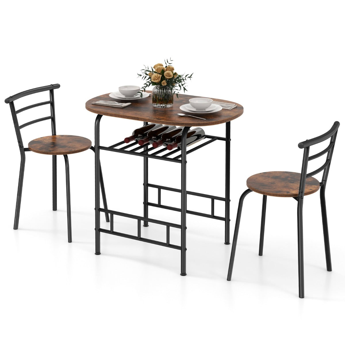 LIVSK Keukentafel en Stoelenset voor 2 Personen - Ovaal met Wijnrek voor 6 Flessen - Ergonomische Stoelen - Duurzaam MDF -