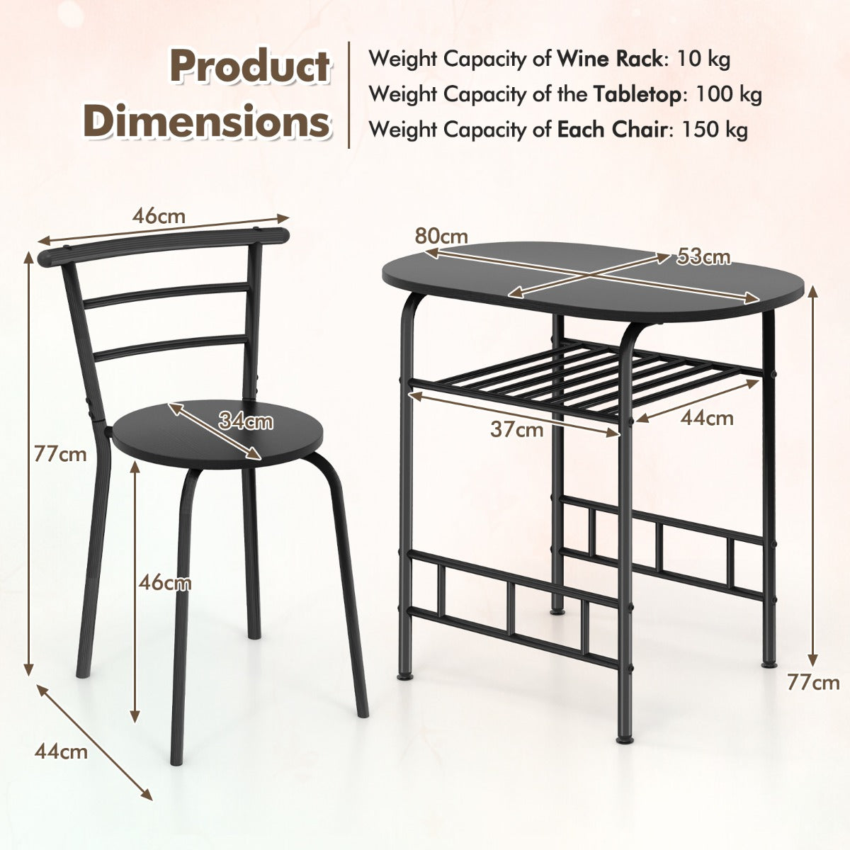 LIVSK Ovale Eettafel en Stoelenset - Wijnrek voor 6 flessen - Ergonomisch Comfort - Duurzaam MDF en Metaal - Rustiek bruin + zwart