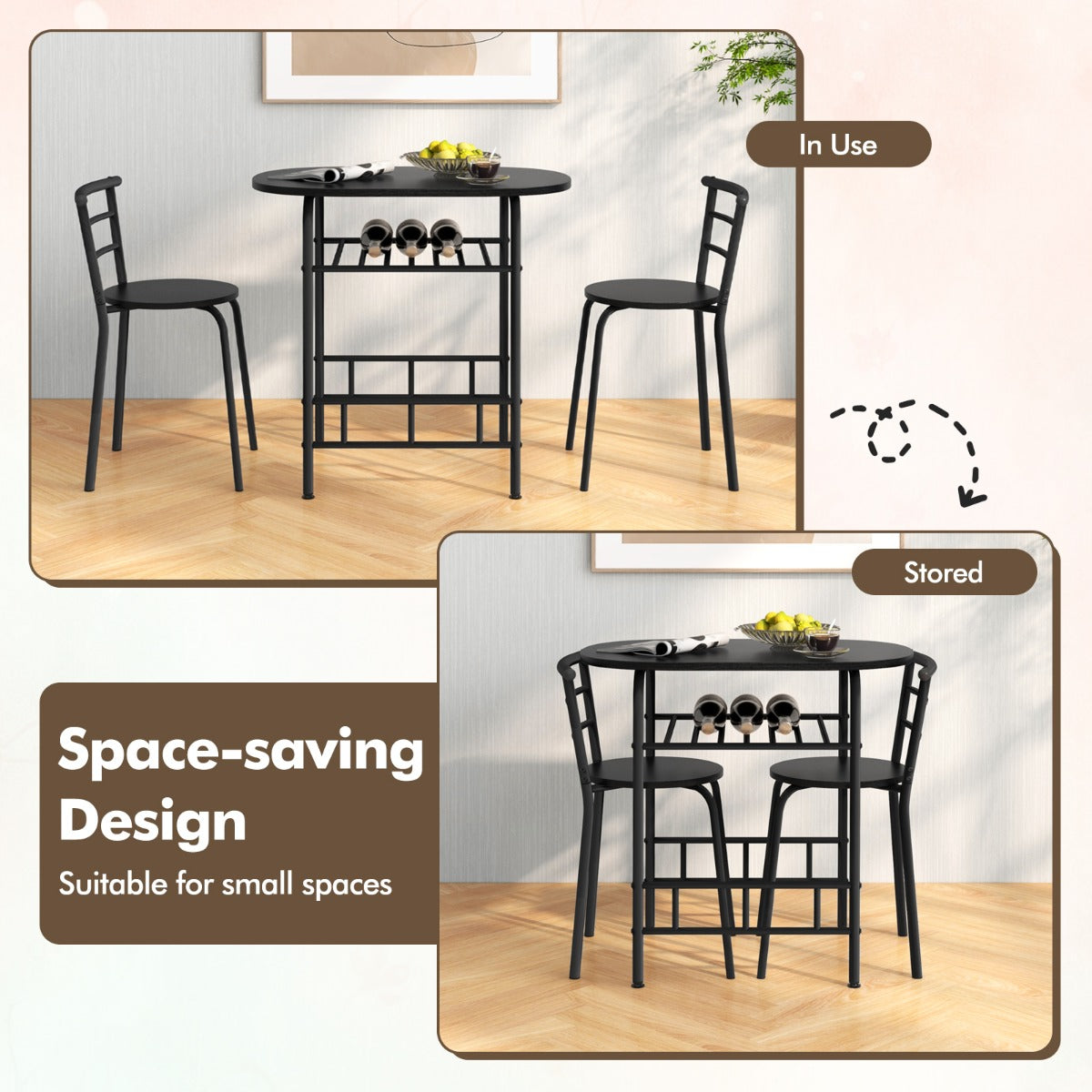 LIVSK Ovale Eettafel en Stoelenset - Wijnrek voor 6 flessen - Ergonomisch Comfort - Duurzaam MDF en Metaal - Rustiek bruin + zwart