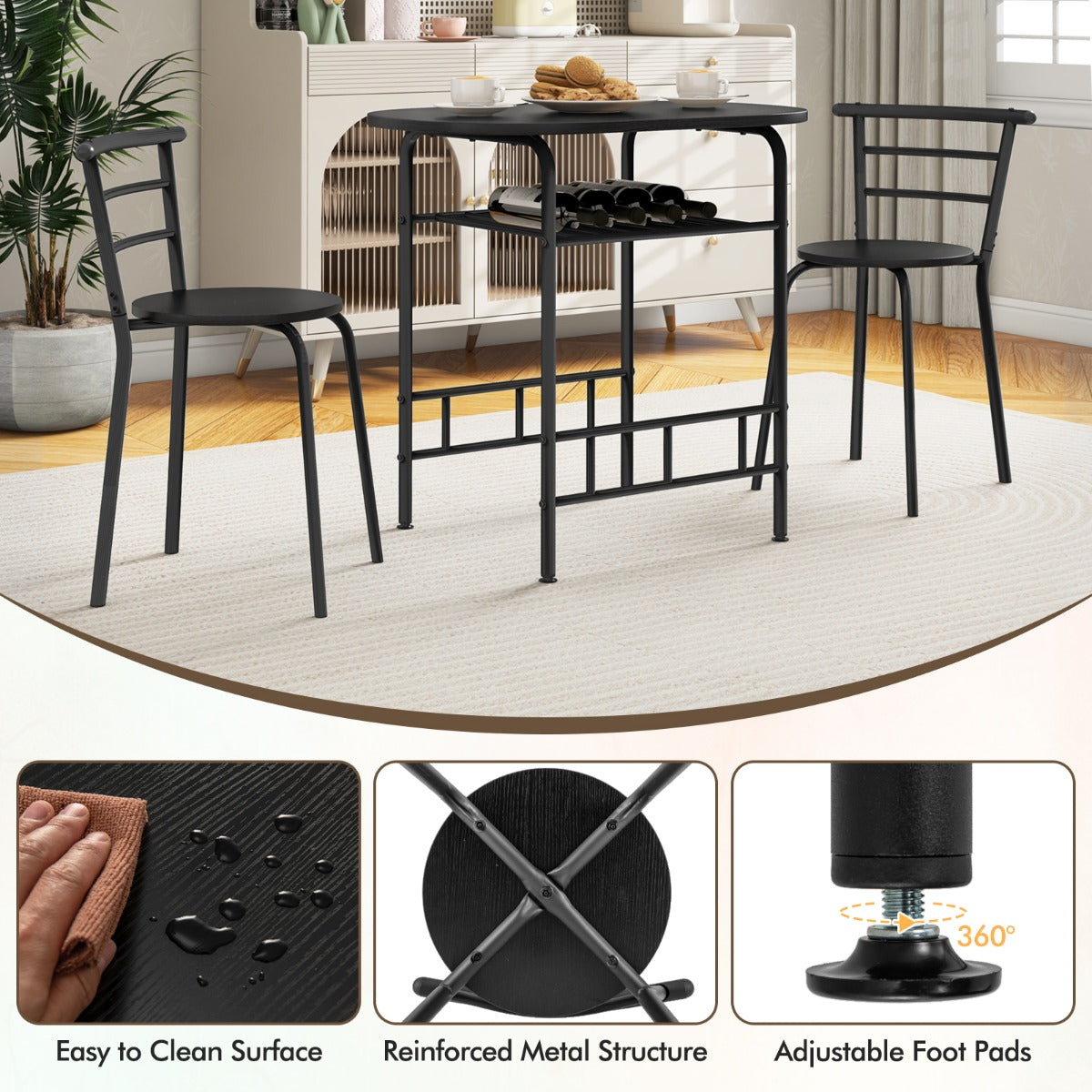 LIVSK Ovale Eettafel en Stoelenset - Wijnrek voor 6 flessen - Ergonomisch Comfort - Duurzaam MDF en Metaal - Rustiek bruin + zwart