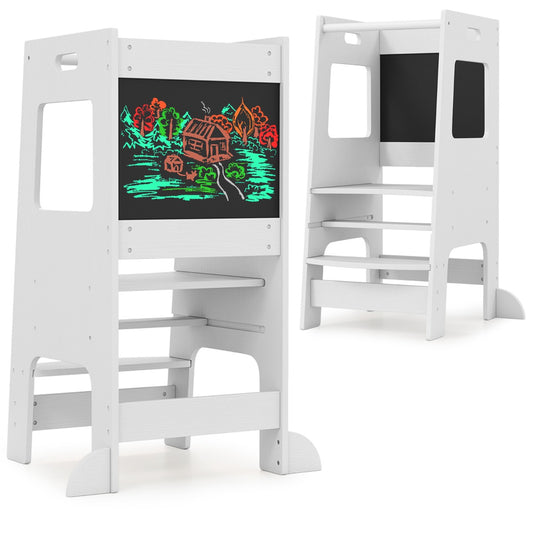 LIVSK Verstelbaar Keukentrapje met Schoolborden - Veiligheidsreling - Massief Hout - Draagvermogen tot 60 kg - Naturel/Wit