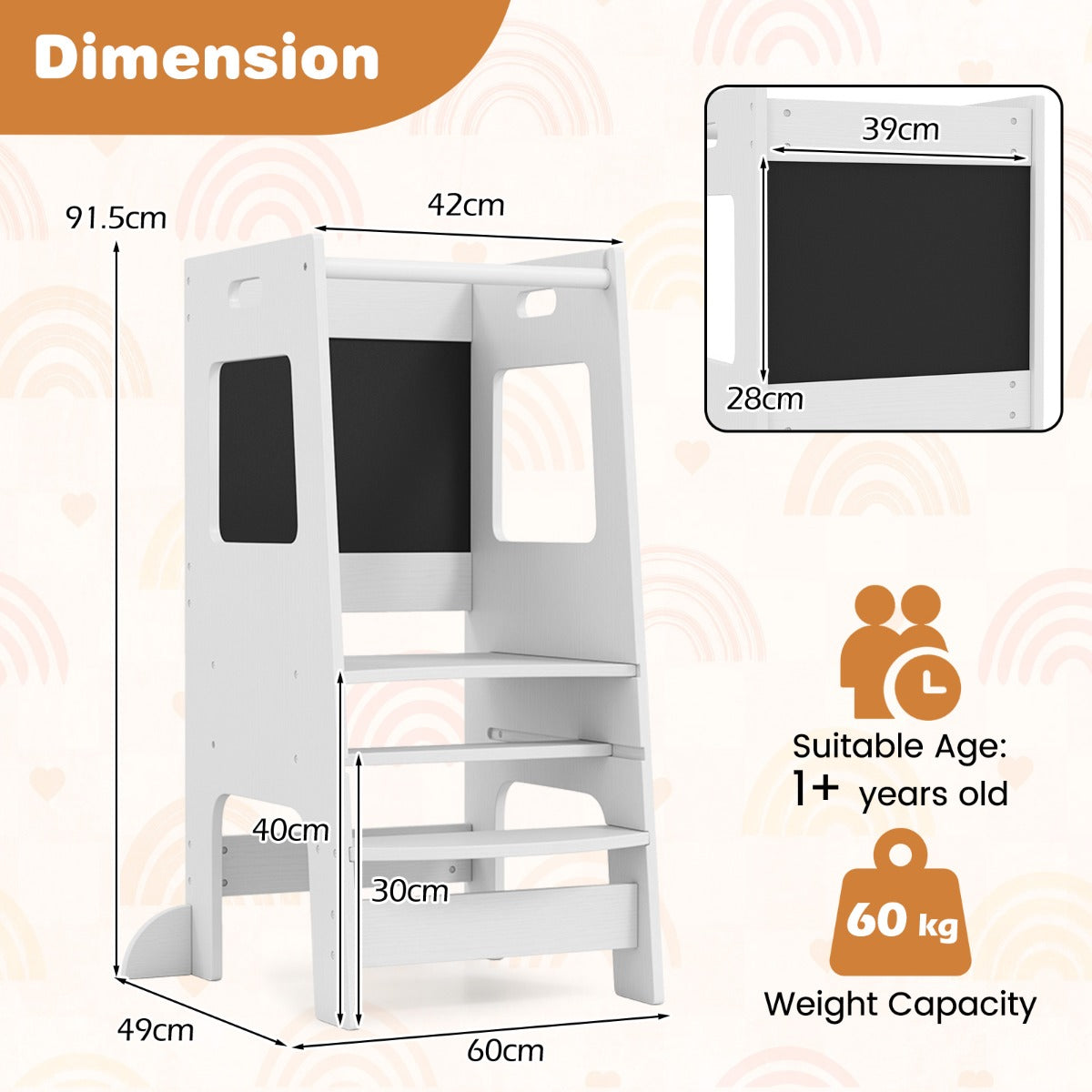 LIVSK Verstelbaar Keukentrapje met Schoolborden - Veiligheidsreling - Massief Hout - Draagvermogen tot 60 kg - Naturel/Wit