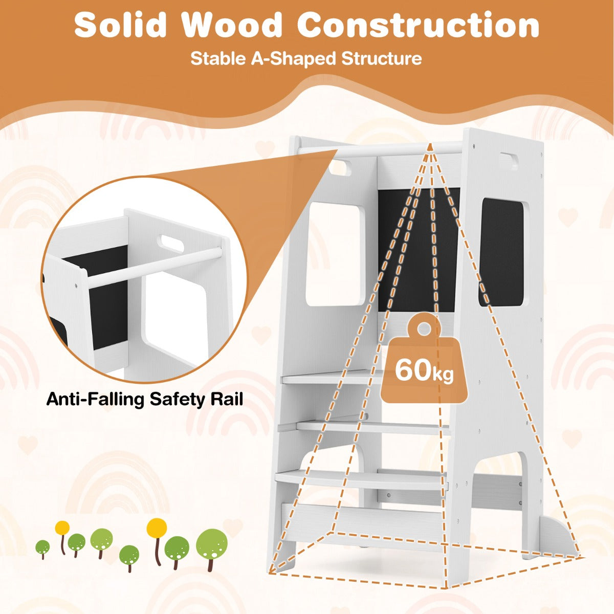LIVSK Verstelbaar Keukentrapje met Schoolborden - Veiligheidsreling - Massief Hout - Draagvermogen tot 60 kg - Naturel/Wit