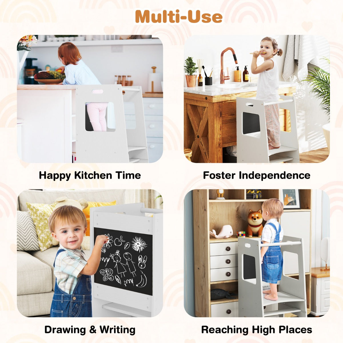 LIVSK Verstelbaar Keukentrapje met Schoolborden - Veiligheidsreling - Massief Hout - Draagvermogen tot 60 kg - Naturel/Wit