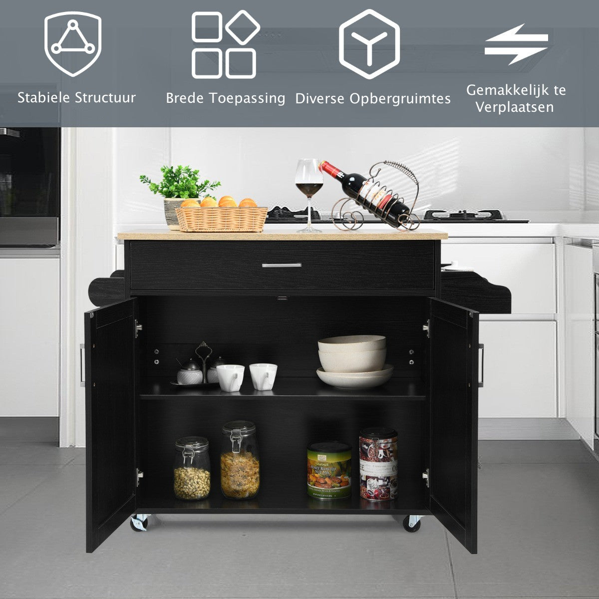 LIVSK Keukentrolley - Verstelbare Plank - Ruim Werkblad - Handdoekenrek - 116 x 40 x 85 cm - Zwart + Natuur