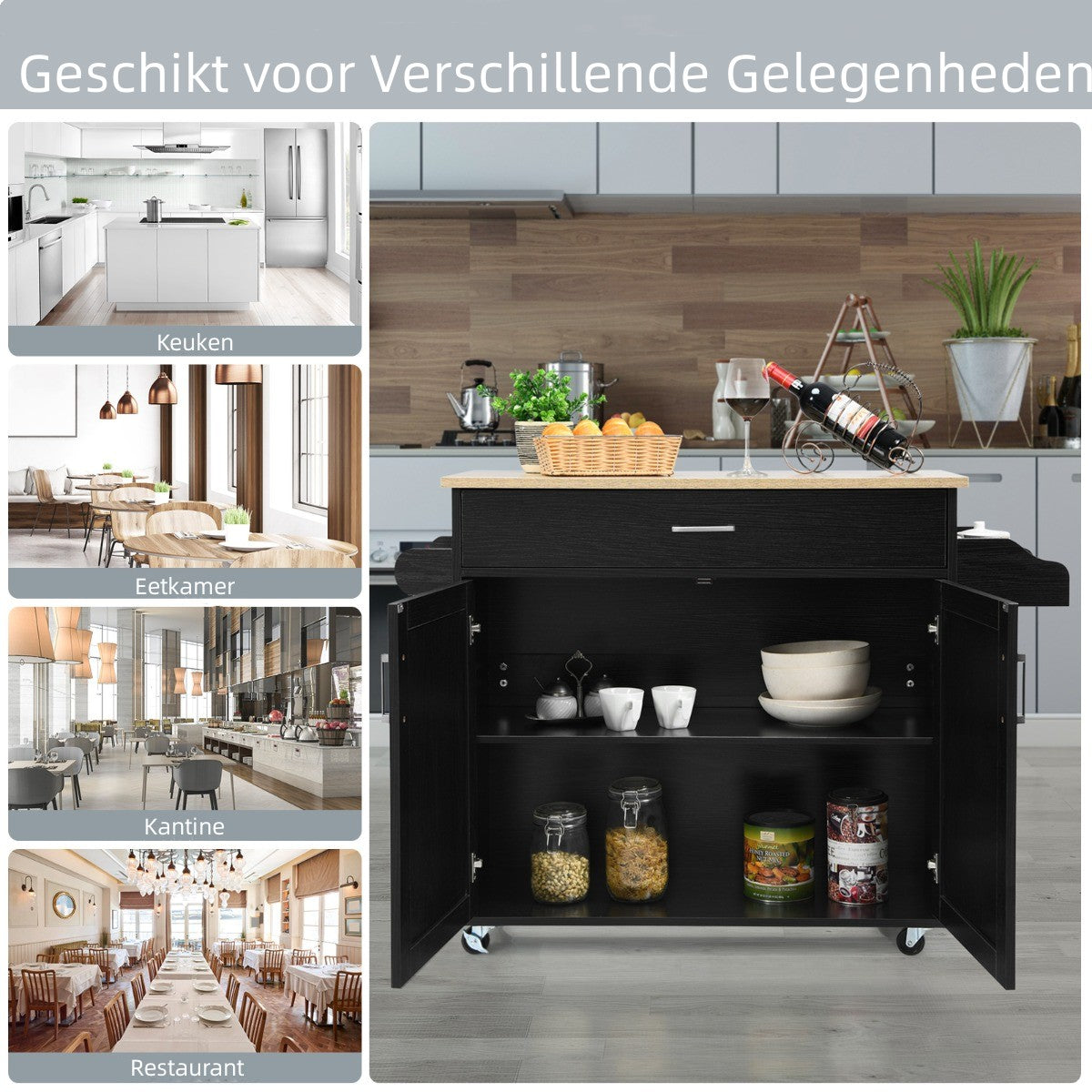 LIVSK Keukentrolley - Verstelbare Plank - Ruim Werkblad - Handdoekenrek - 116 x 40 x 85 cm - Zwart + Natuur