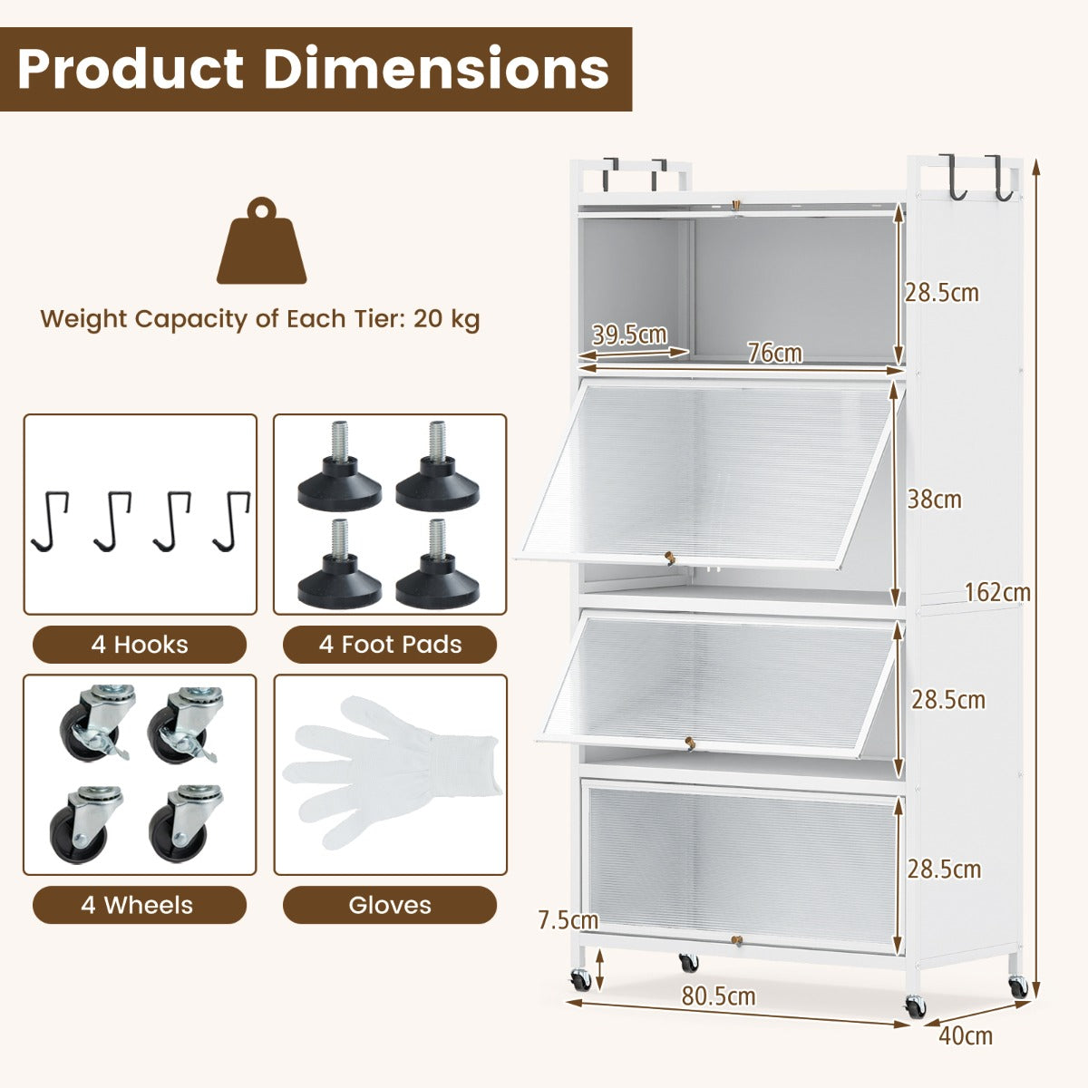 Livsk costway keukentrolley met 5 niveaus en wieltjes vrijstaande hoge kast staande rekken 805 x 40 x 162 cm wit 1 3