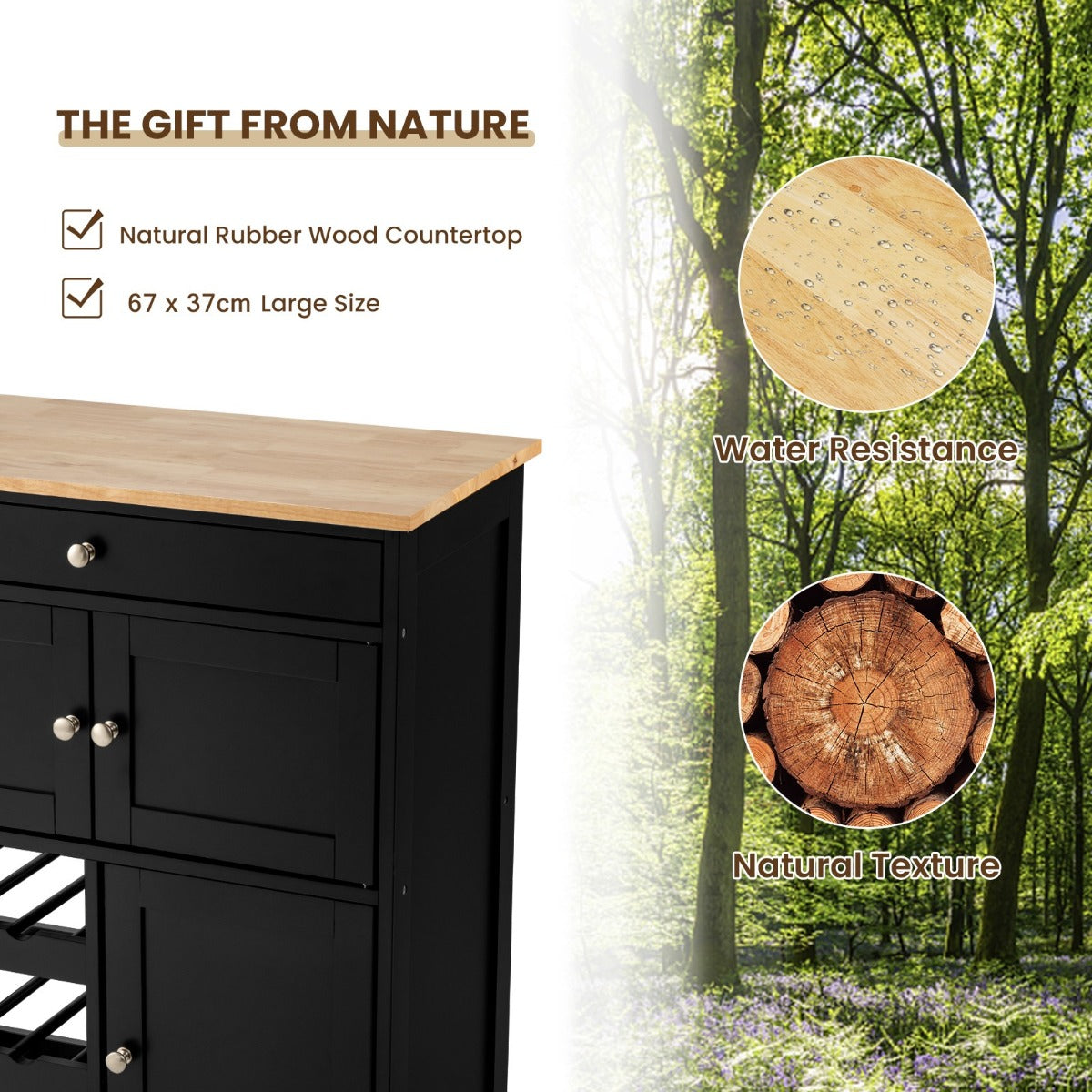 LIVSK Keukentrolley met Rubberen Houten Bovenblad - 3 Rijen Wijnrekken - 2 Kasten - 360° Draaibare Wielen - 67 x 37 x 86 cm -