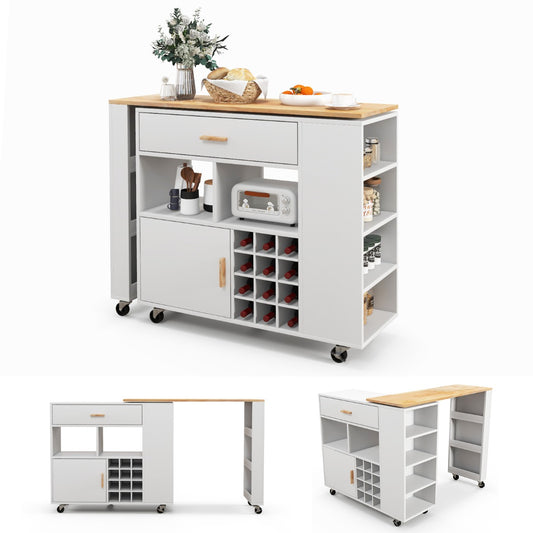 LIVSK 2-in-1 Keukenwagen en Bartafel - Werkblad van Rubberhout - Grote Lade en Open Planken - Vergrendelbare Wielen - Wit