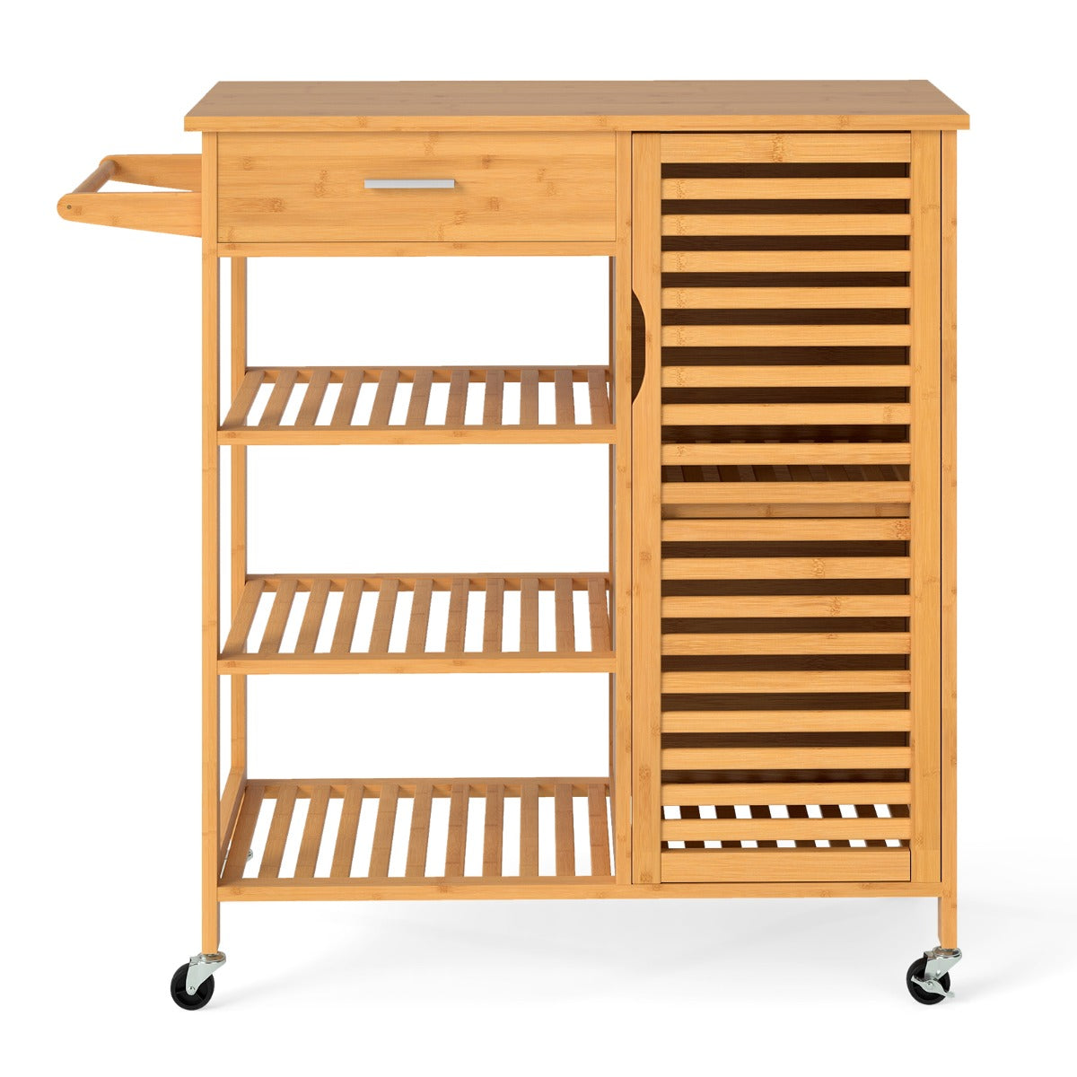 LIVSK Bamboe Keukenwagen met Opbergruimte - Mobiel met 4 Wielen - Grote Lade - 3 Open Planken - Handdoekhouder - Natuur