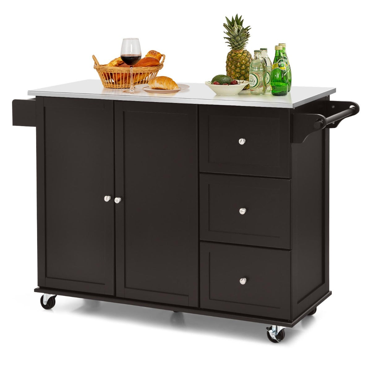 LIVSK Keukentrolley met Roestvrijstalen Werkblad - 3 Laden - Verstelbare Planken - Handdoekhouder - 135 x 45,5 x 91,5 cm - Bruin