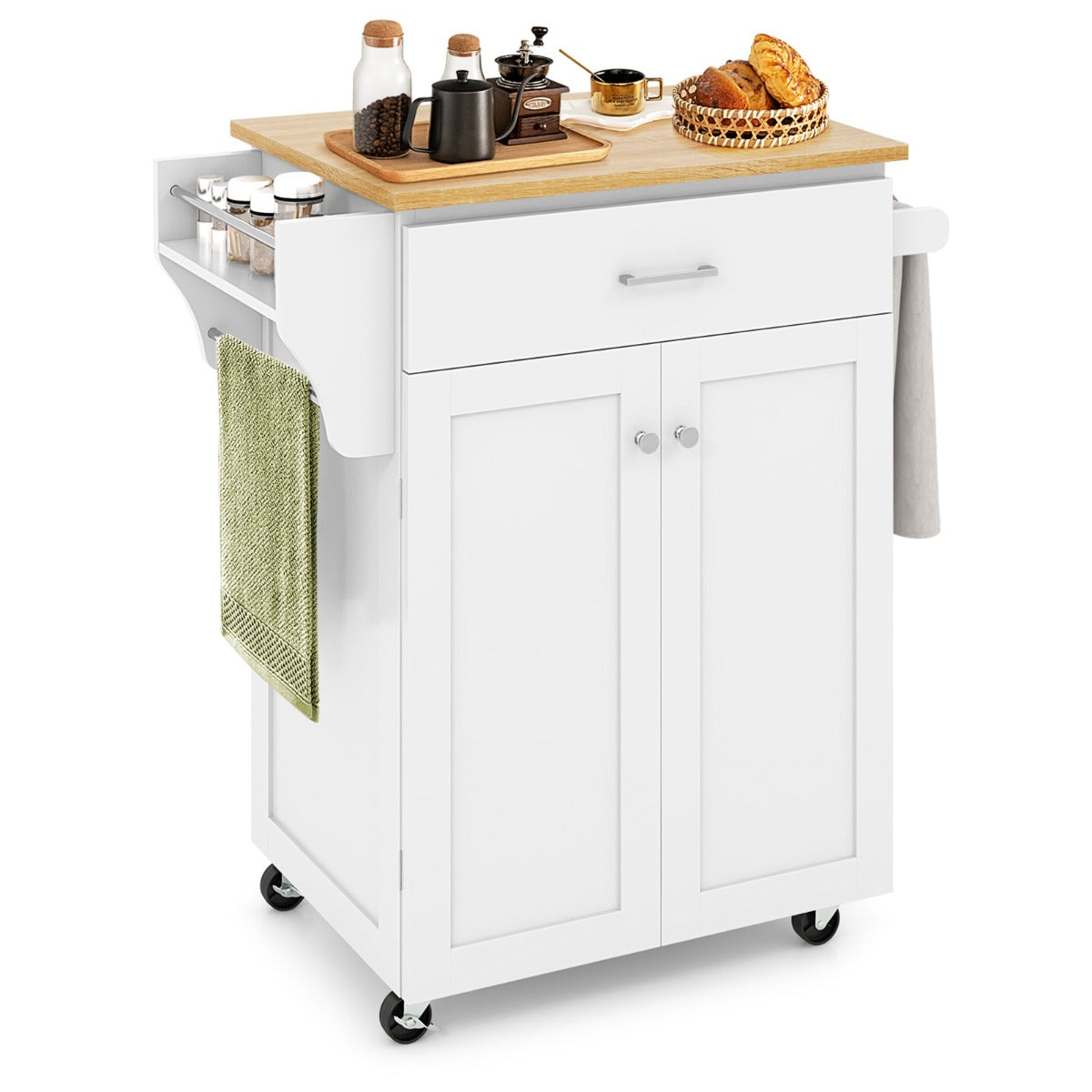 LIVSK Keukentafel op Wielen - Verstelbare Plank - Lade - Kast - Kruiden- en Handdoekhouders - 83 x 48 x 91 cm - Wit