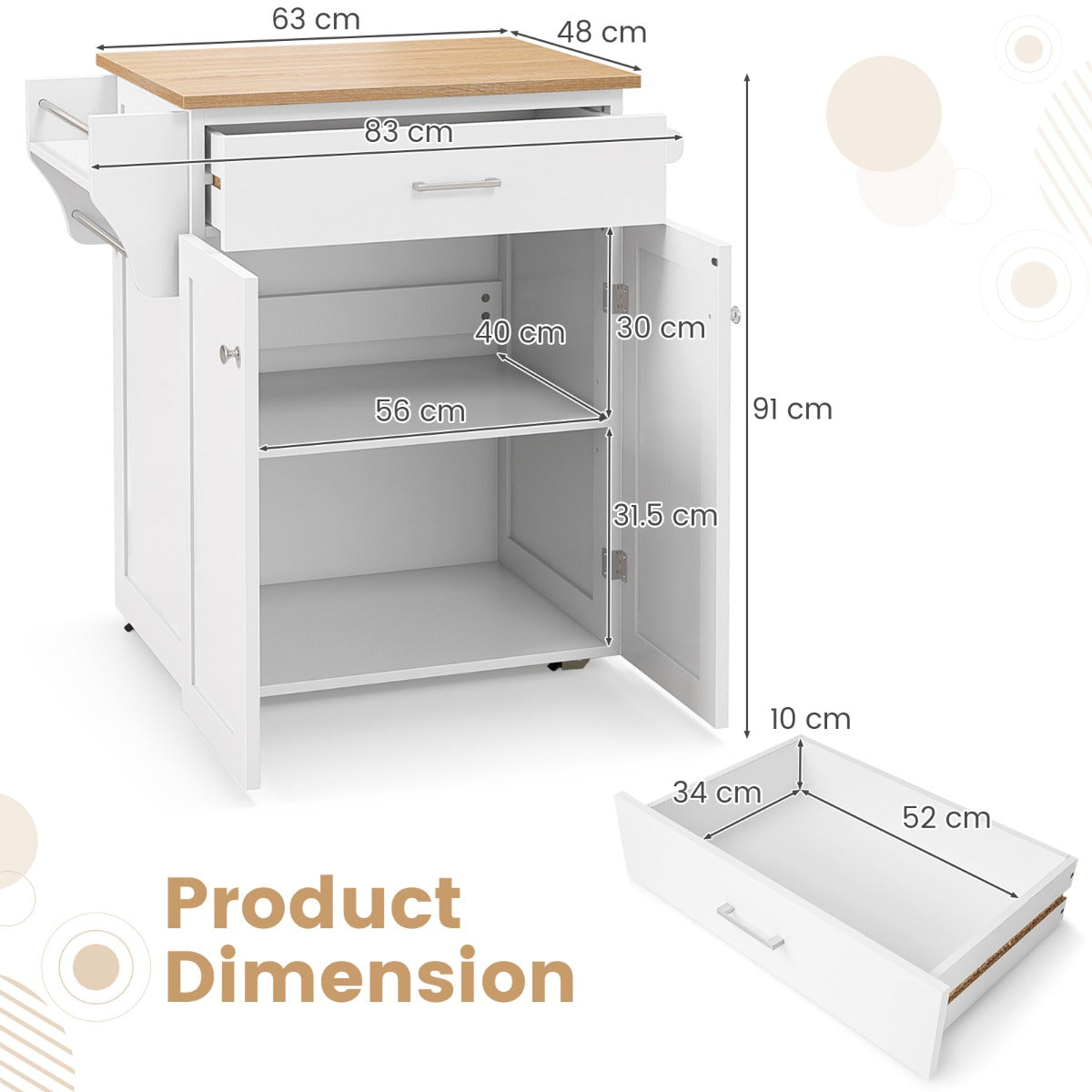 LIVSK Keukentafel op Wielen - Verstelbare Plank - Lade - Kast - Kruiden- en Handdoekhouders - 83 x 48 x 91 cm - Wit