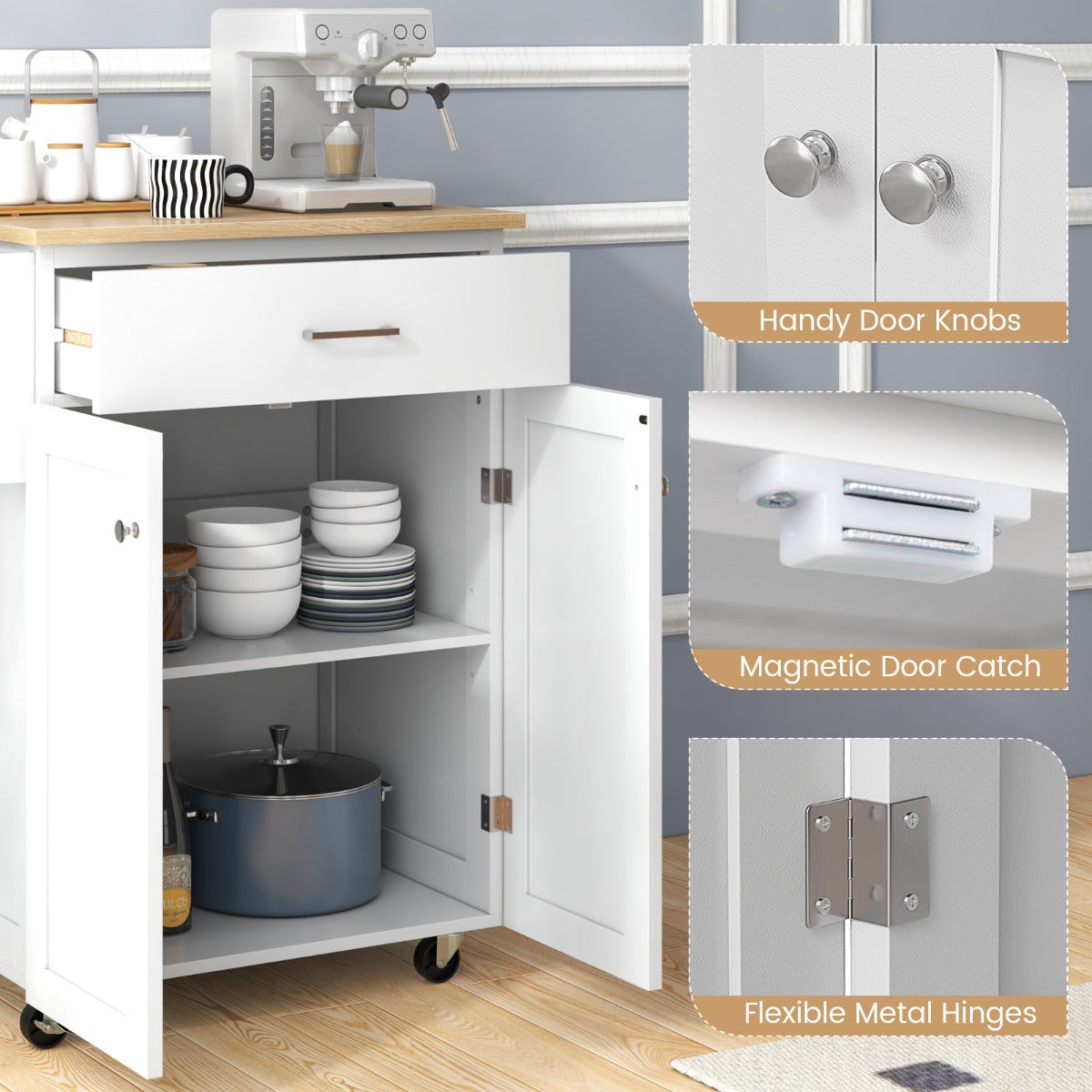 LIVSK Keukentafel op Wielen - Verstelbare Plank - Lade - Kast - Kruiden- en Handdoekhouders - 83 x 48 x 91 cm - Wit