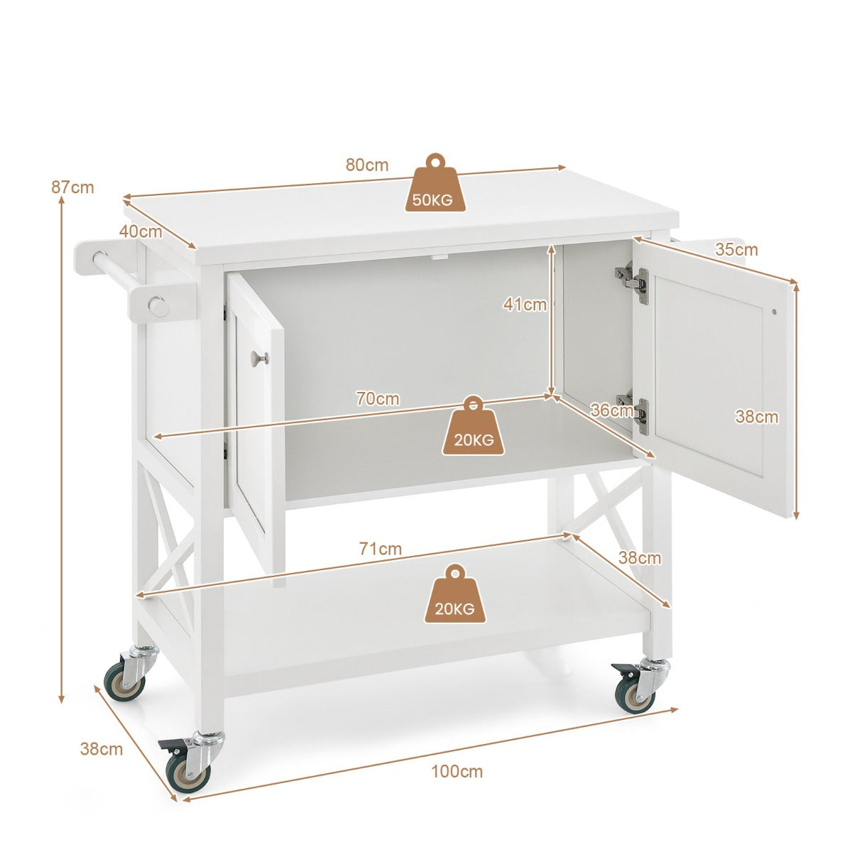 LIVSK Rollende Keukentrolley - Breed Aanrechtblad - Ruime Kast - Handdoekenrek en Kruidenrek - 100 x 38 x 87 cm - Wit