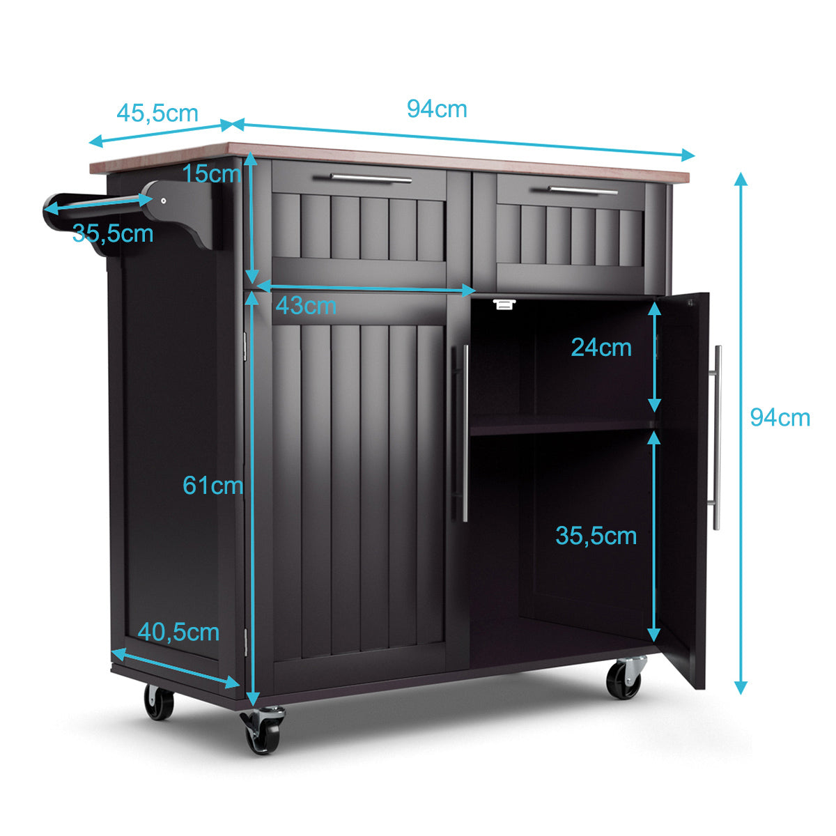 Livsk costway keukenwagen rolling serving trolley met laden en kasten 94 x 455 x 945 cm koffie 2