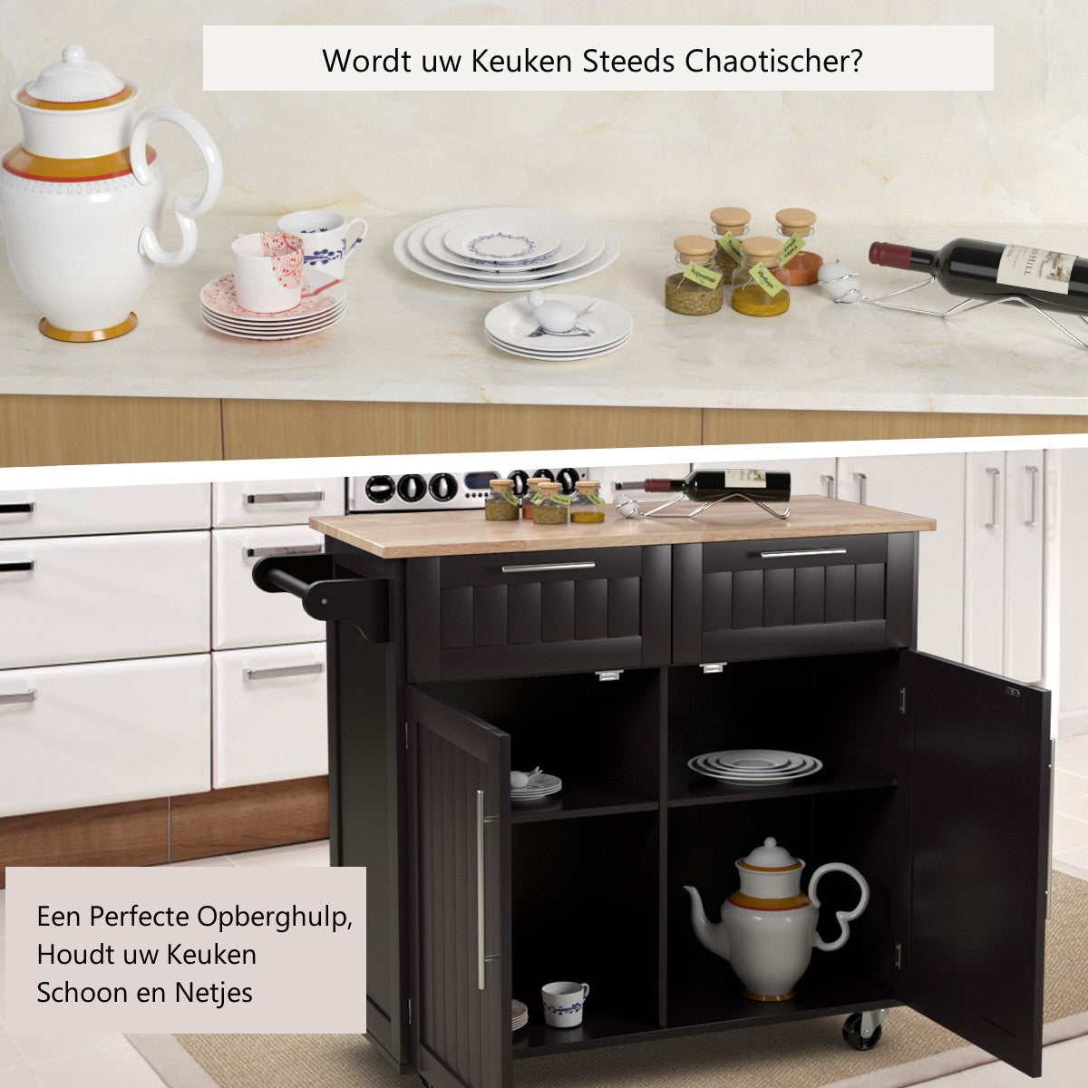 Livsk costway keukenwagen rolling serving trolley met laden en kasten 94 x 455 x 945 cm koffie 3
