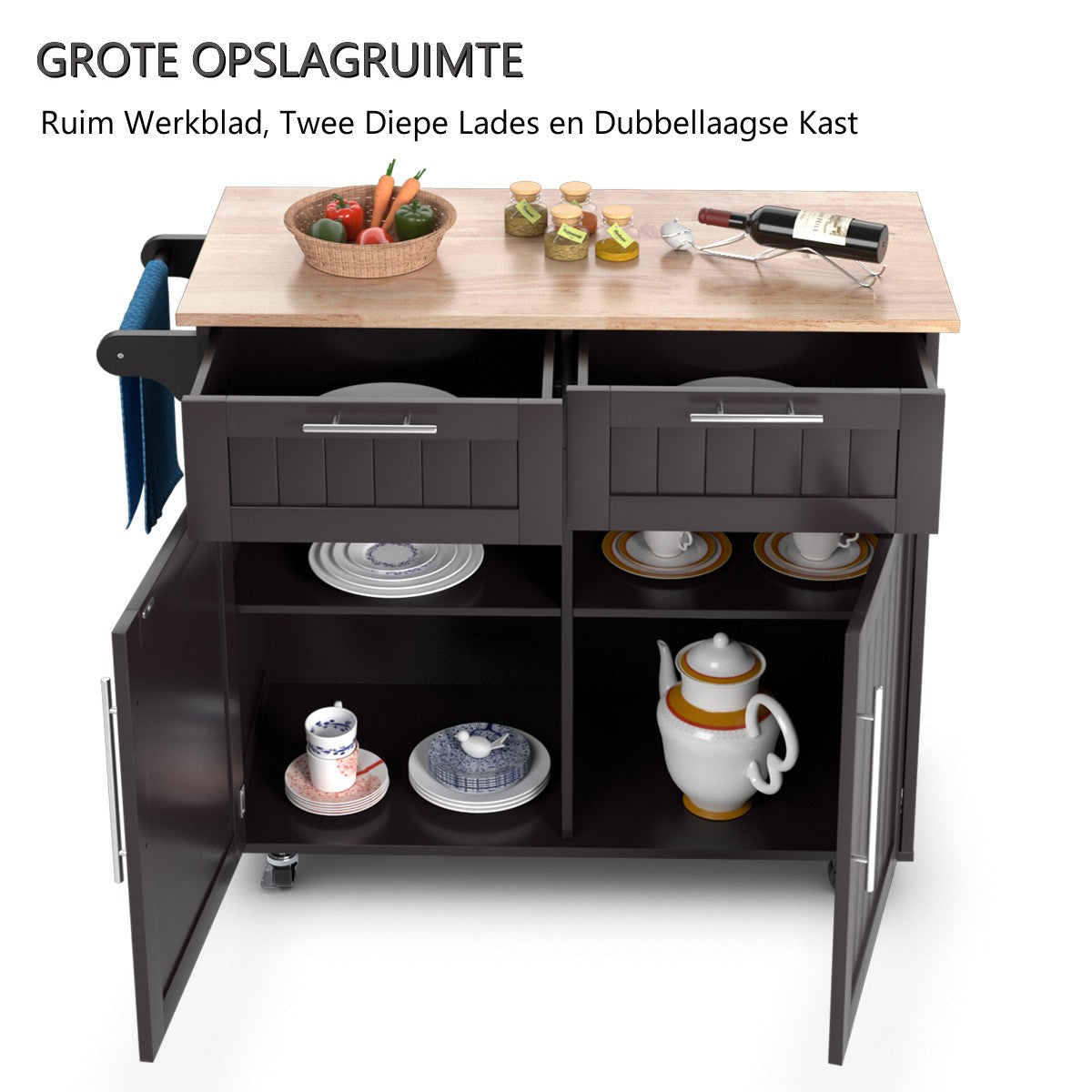 Livsk costway keukenwagen rolling serving trolley met laden en kasten 94 x 455 x 945 cm koffie 5