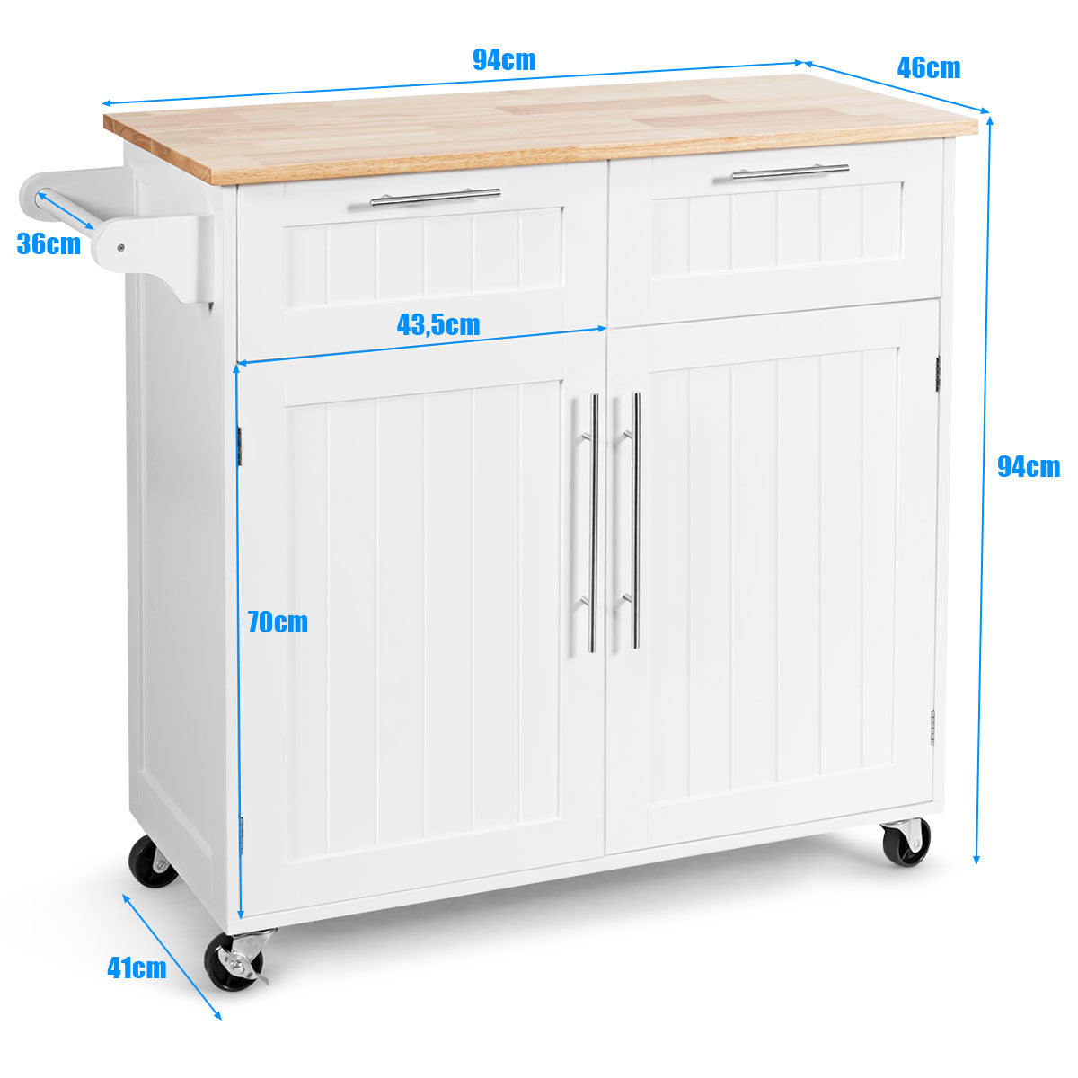 LIVSK Keukentrolley - Duurzaam Rubberhout - 2 Laden 2 Kasten - Handdoekhouder - 4 Wielen - 94 x 45.5 x 94.5 cm - Wit