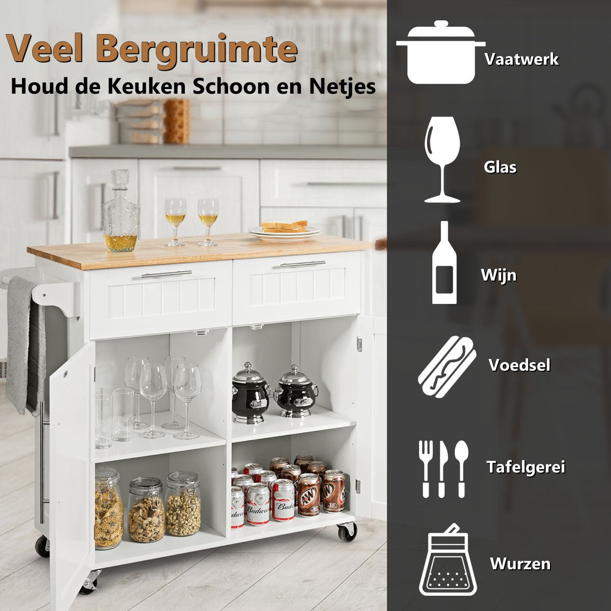 LIVSK Keukentrolley - Duurzaam Rubberhout - 2 Laden 2 Kasten - Handdoekhouder - 4 Wielen - 94 x 45.5 x 94.5 cm - Wit