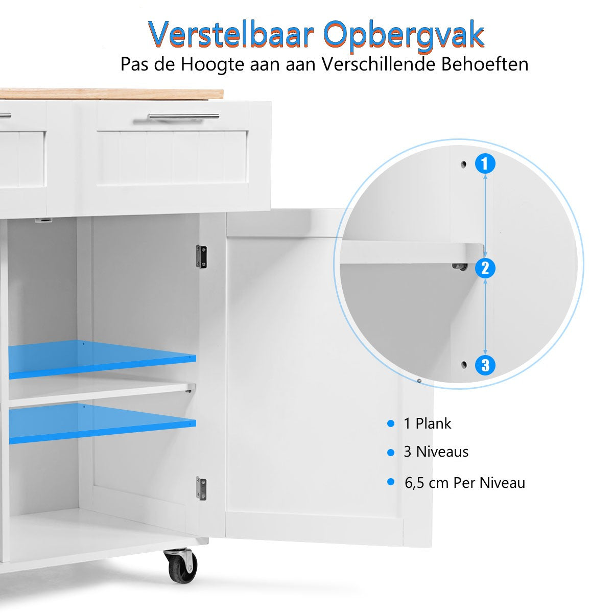 LIVSK Keukentrolley - Duurzaam Rubberhout - 2 Laden 2 Kasten - Handdoekhouder - 4 Wielen - 94 x 45.5 x 94.5 cm - Wit