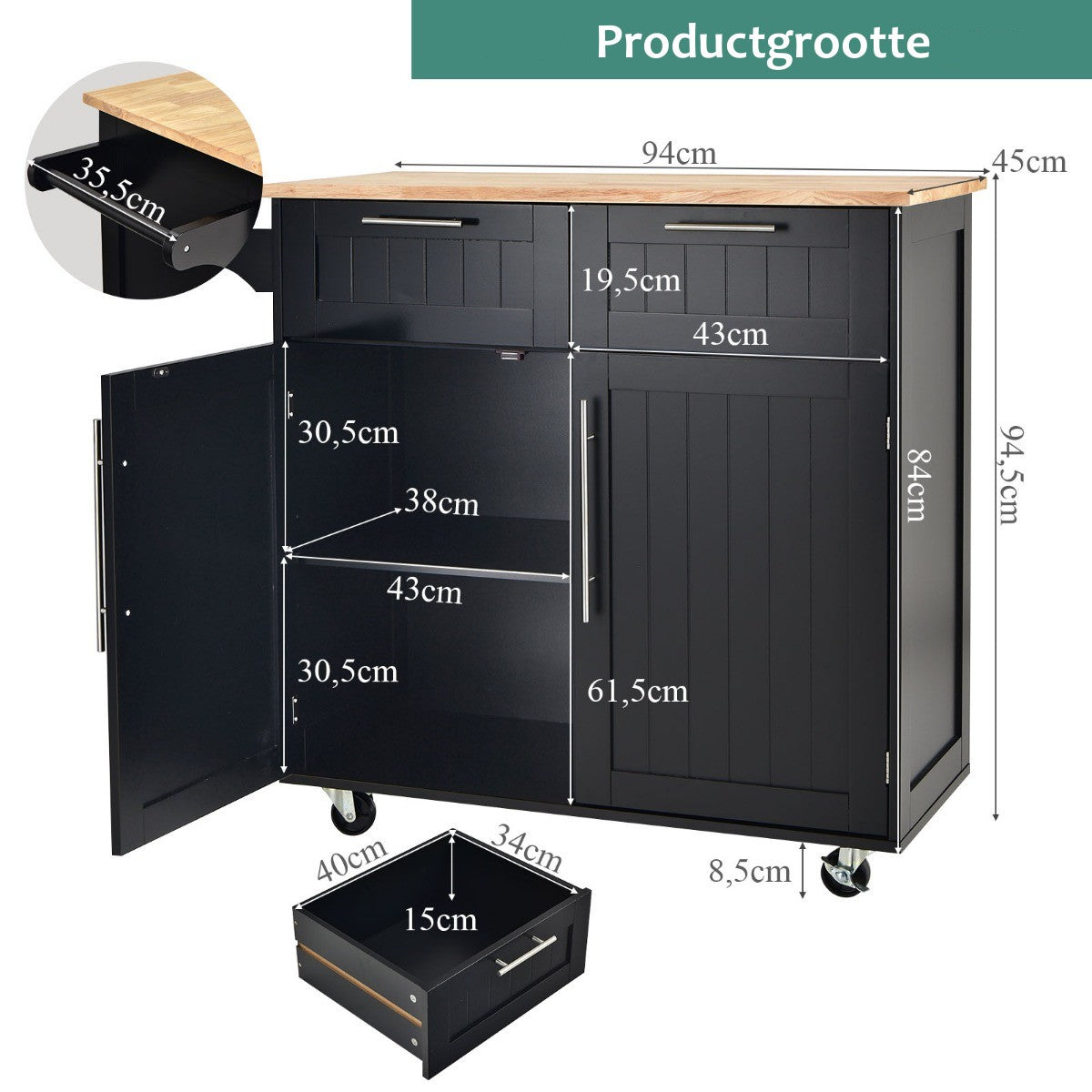 LIVSK Keukentrolley met Laden en Kasten - Duurzaam Rubberhout - 4 Wielen - Handdoekhouder - 94 x 45,5 x 94,5 cm - Zwart