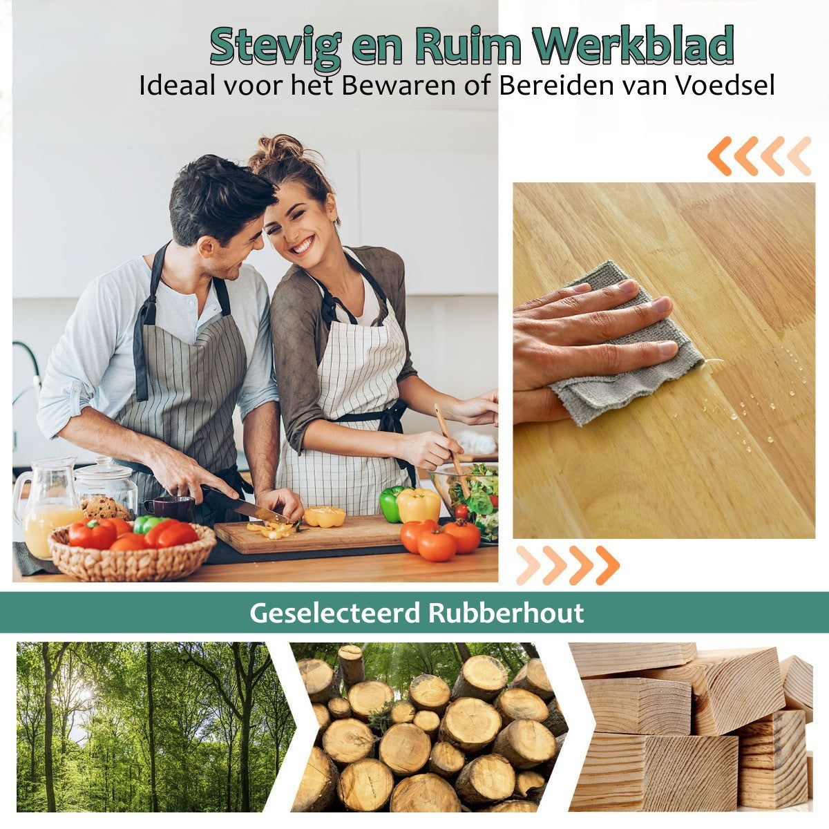 LIVSK Keukentrolley met Laden en Kasten - Duurzaam Rubberhout - 4 Wielen - Handdoekhouder - 94 x 45,5 x 94,5 cm - Zwart