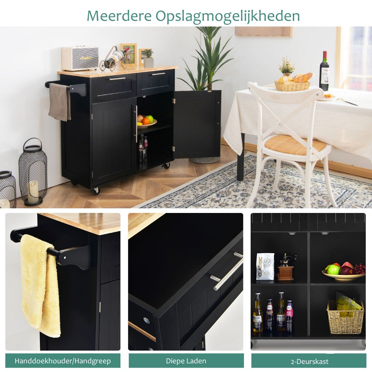 LIVSK Keukentrolley met Laden en Kasten - Duurzaam Rubberhout - 4 Wielen - Handdoekhouder - 94 x 45,5 x 94,5 cm - Zwart