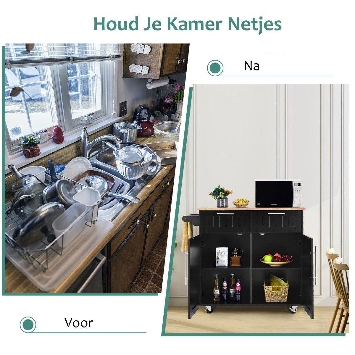 LIVSK Keukentrolley met Laden en Kasten - Duurzaam Rubberhout - 4 Wielen - Handdoekhouder - 94 x 45,5 x 94,5 cm - Zwart