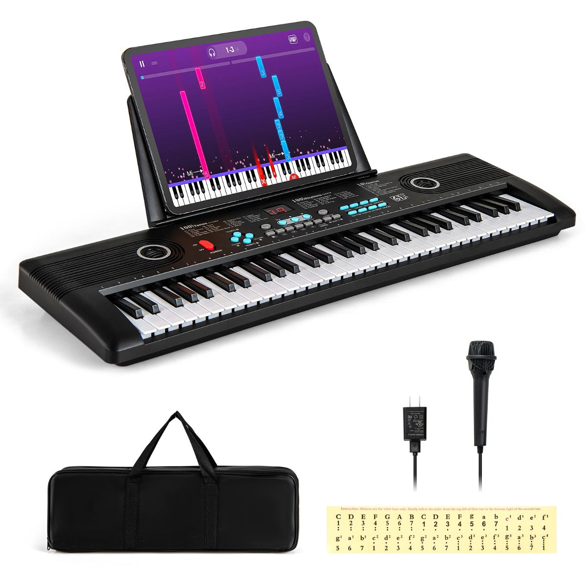 LIVSK E-toetsenbord 61 Toetsen - 100 Ritmes & Klankkleuren - Inclusief Draagtas & Microfoon - Voor Beginners - Zwart