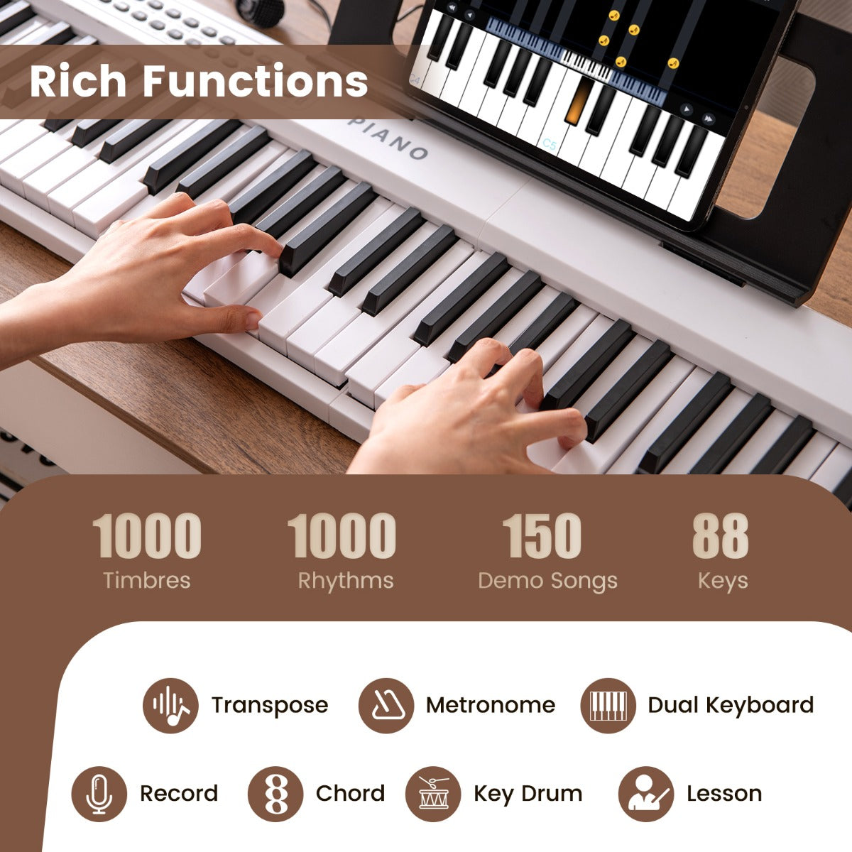 LIVSK Draagbare Keyboard-Piano - Inklapbaar met 88 Toetsen - MIDI - 1000 Ritmes en Klankkleuren - Inclusief Draagtas - Zwart/Wit