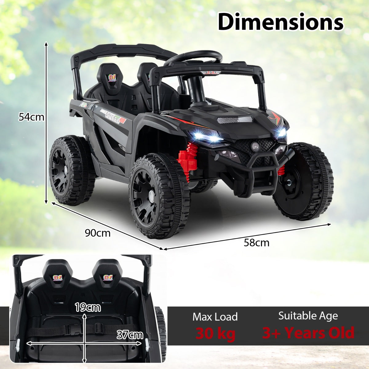 LIVSK Elektrische Kinderauto UTV Truck - Afstandsbediening - 12V - 2 motoren - Veiligheidsgordel - Tot 30 kg - Zwart