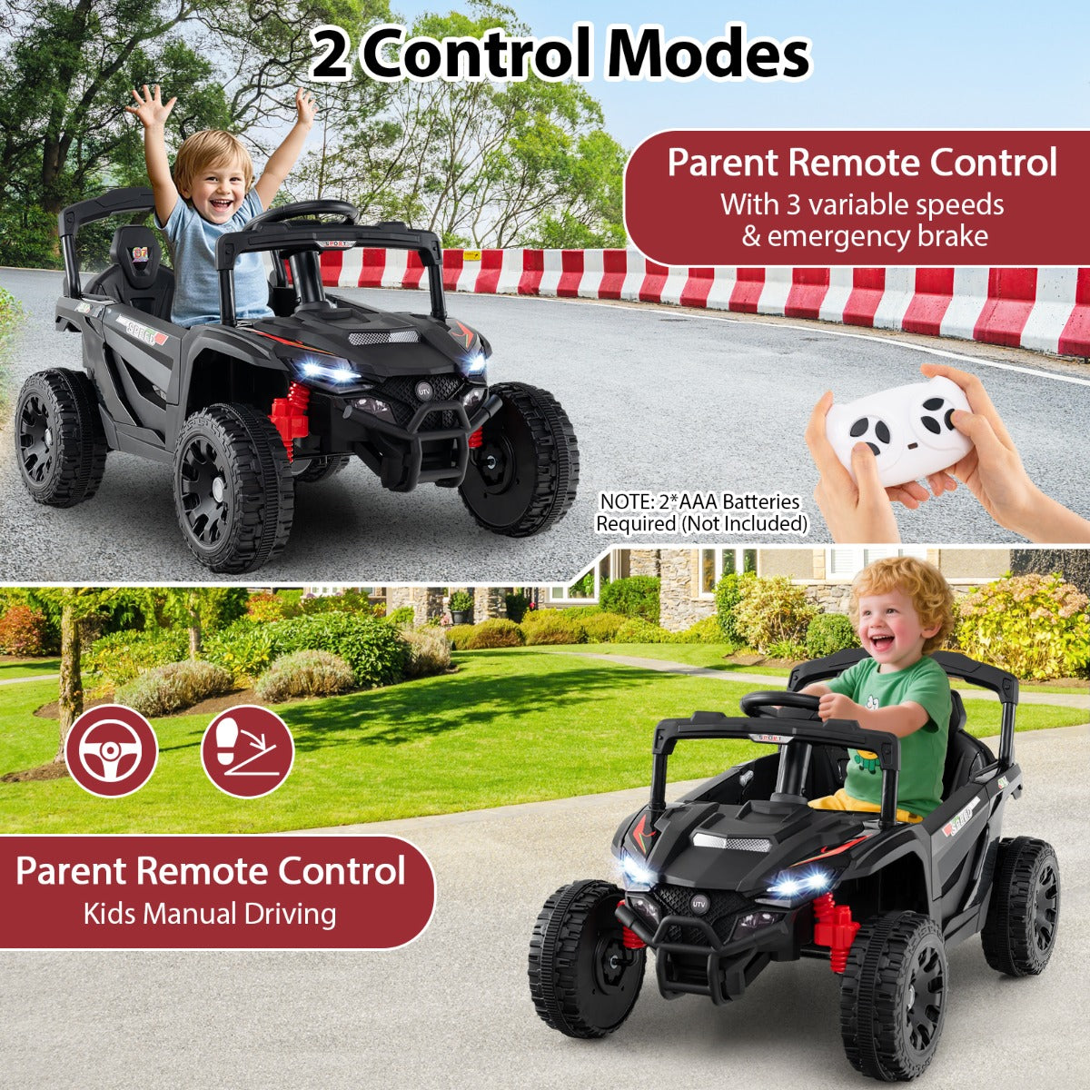 LIVSK Elektrische Kinderauto UTV Truck - Afstandsbediening - 12V - 2 motoren - Veiligheidsgordel - Tot 30 kg - Zwart