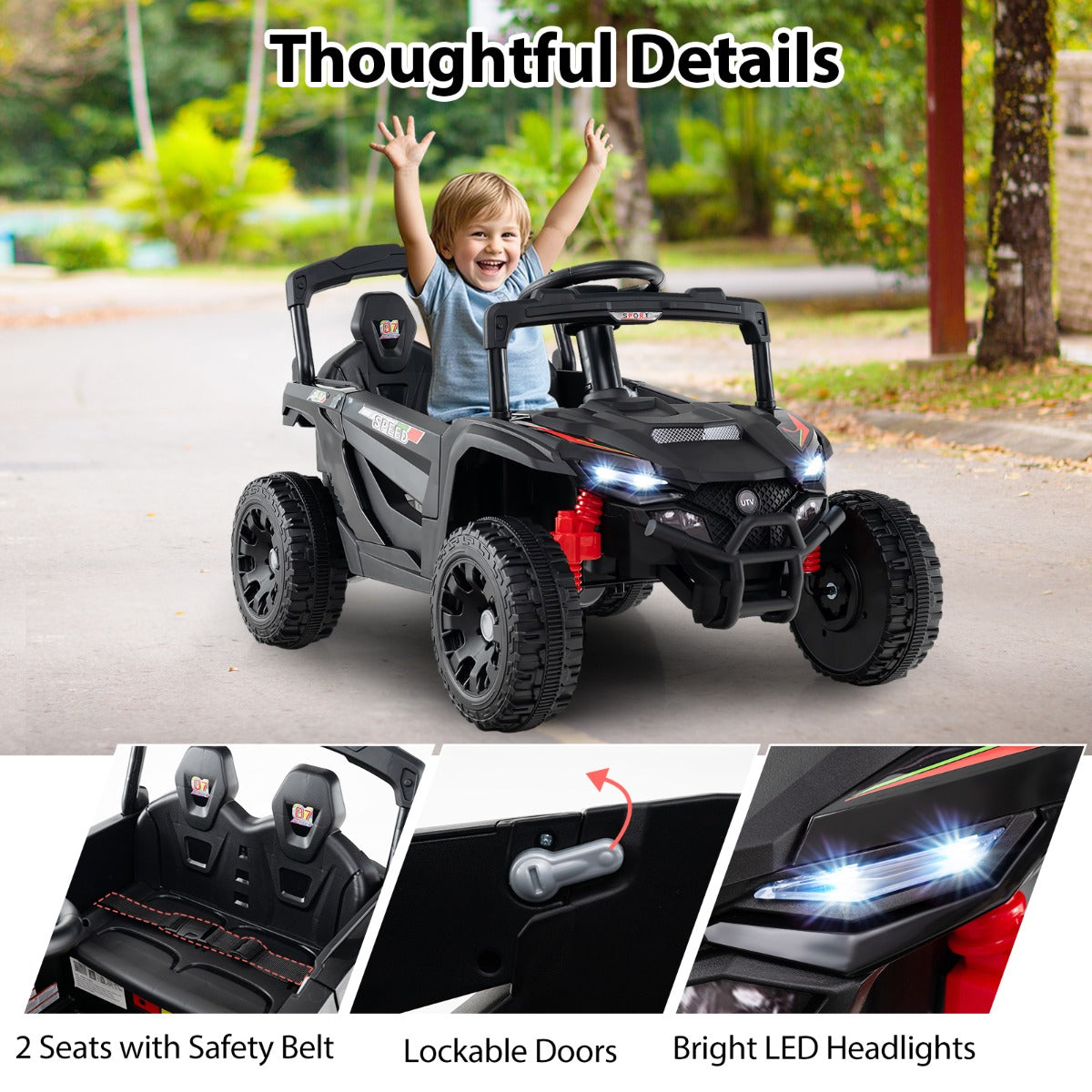 LIVSK Elektrische Kinderauto UTV Truck - Afstandsbediening - 12V - 2 motoren - Veiligheidsgordel - Tot 30 kg - Zwart