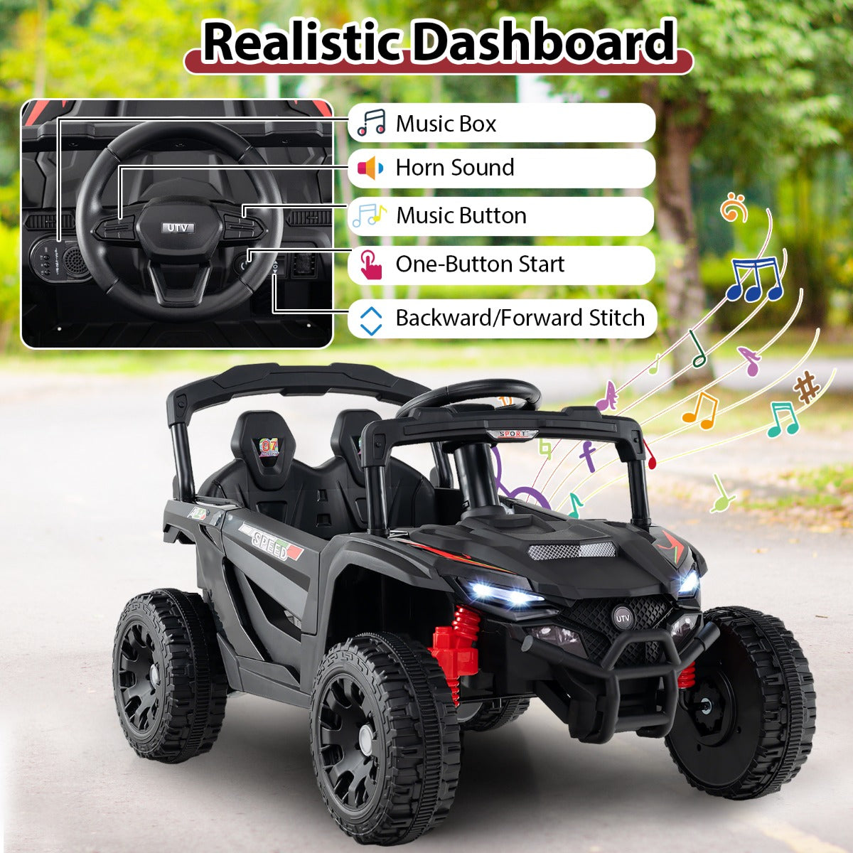 LIVSK Elektrische Kinderauto UTV Truck - Afstandsbediening - 12V - 2 motoren - Veiligheidsgordel - Tot 30 kg - Zwart