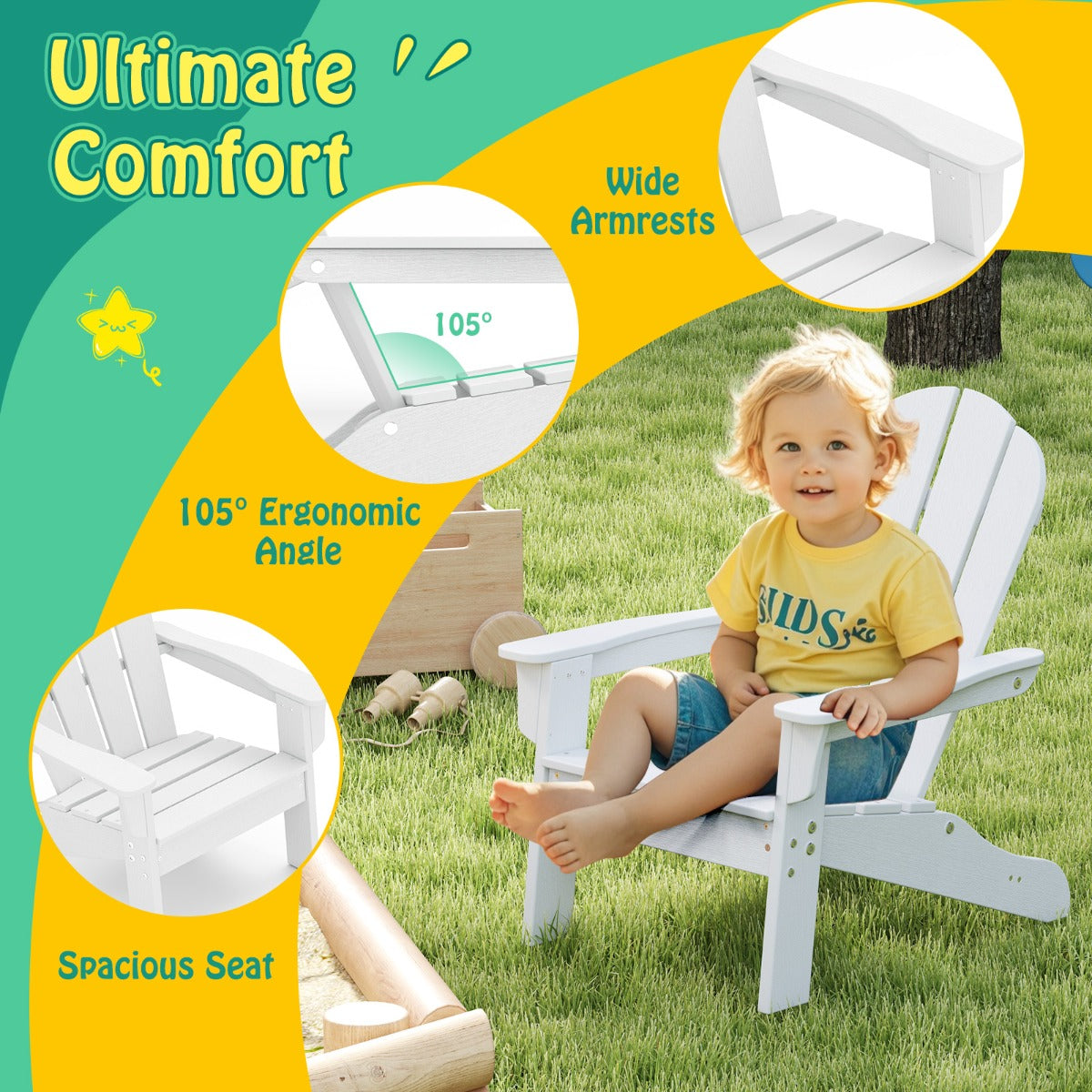 LIVSK Adirondack Kinderstoel - Ergonomische Rugleuning - HDPE Weerbestendig - Voor Binnen en Buiten - Tot 75 kg - Wit